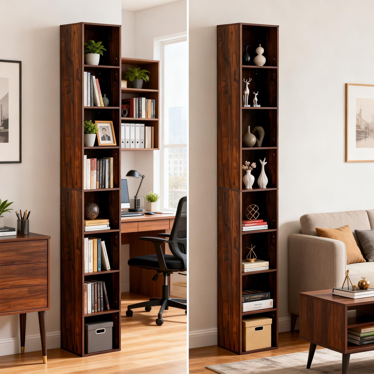 NewBeth 8-Cube Storage Organizer Bookcase, White, Tall Narrow Bookshelf for Home Office (Dark Brown)