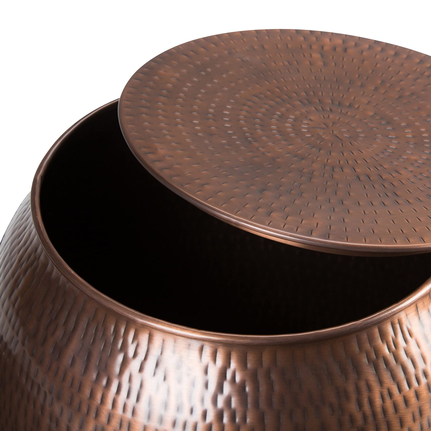 SIMPLIHOME Griffen Metal Storage Accent Table - 19 inch Wide Solid Metal Round Drum Side Table in Antique Copper, Industrial End Table for Living Room with Hidden Storage Space, Assembled