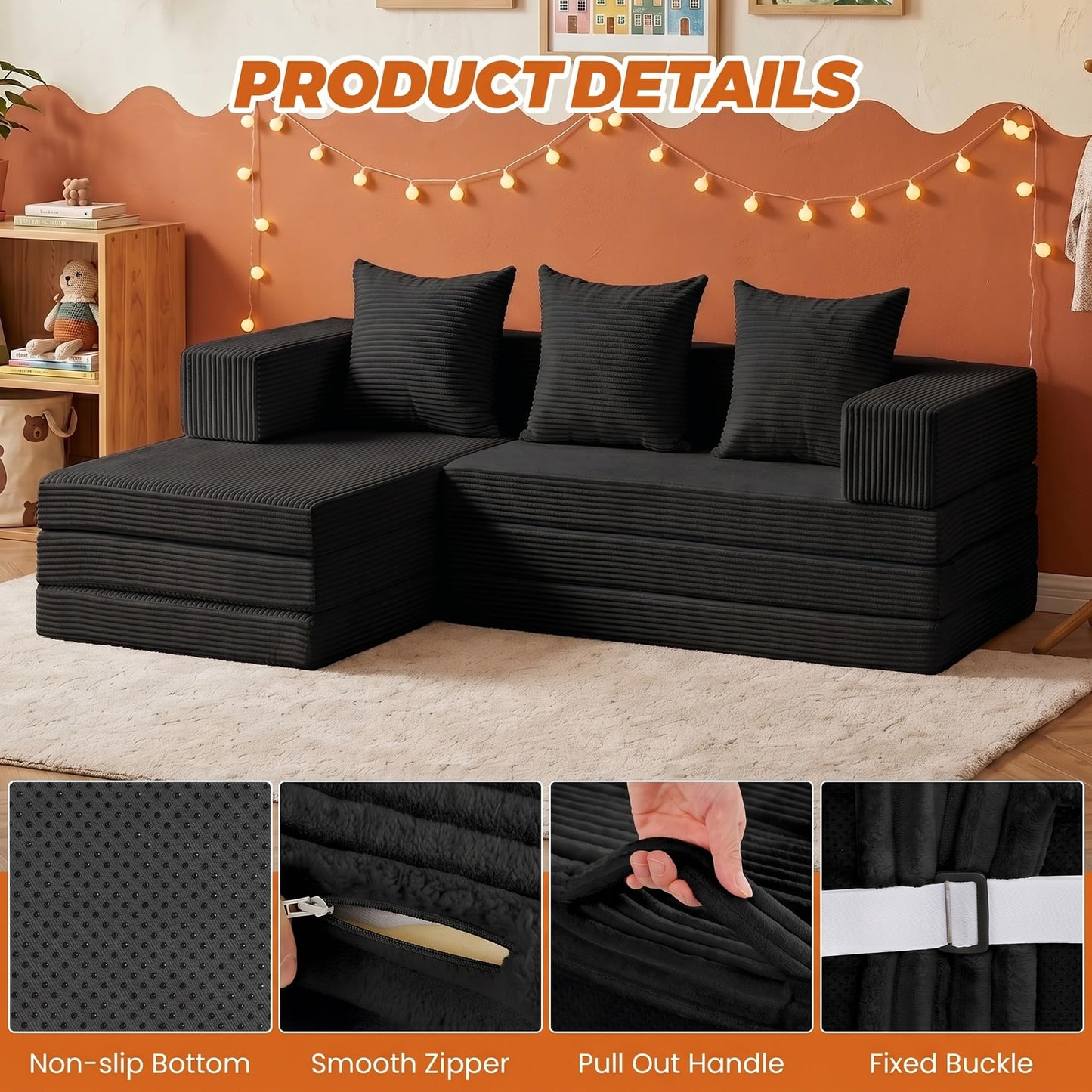 6-in-1 Boneless Couches Modular Sectional Sofa | Cloud Couch Sectional & Tri-Folding Mattress | Corduroy Pet-Friendly Convertible Sofa Bed with 800LB Capacity Living Room, Apartment, Guest Room
