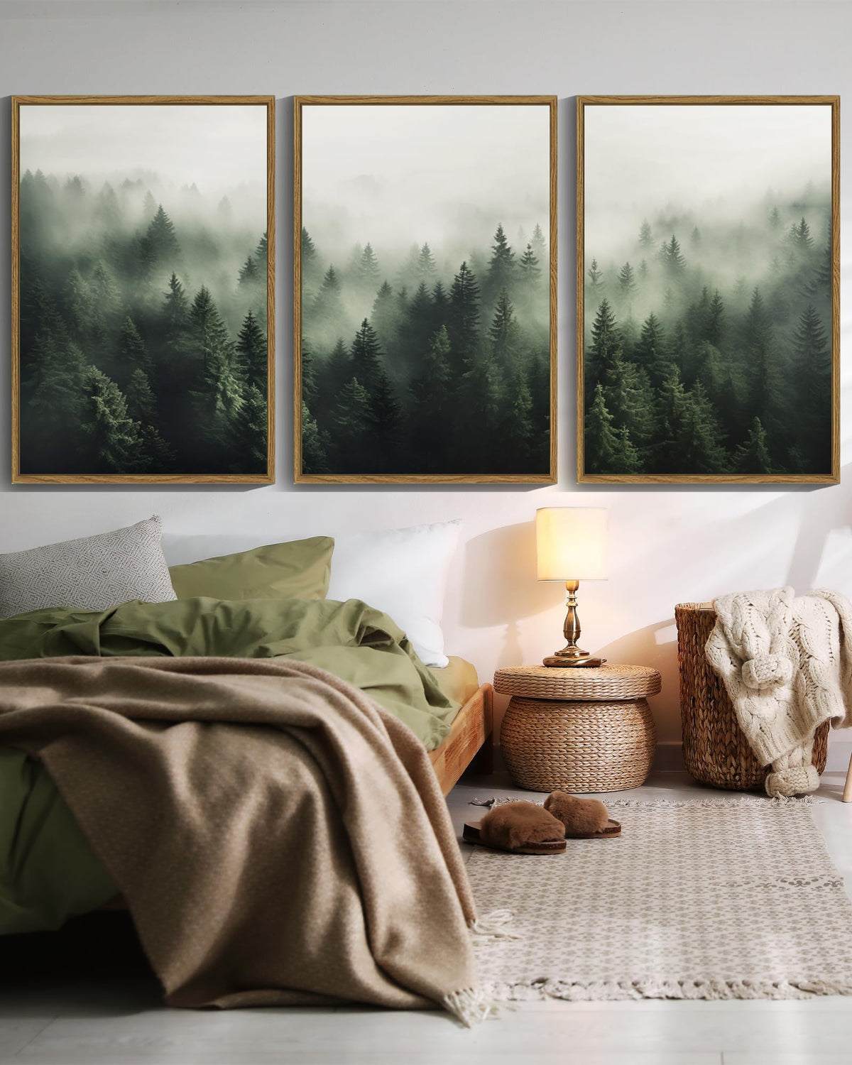 SHENIFY Green Fog Pine Tree Forest Canvas Wall Art Large 24x36in Framed Nature Modern Artwork Prints Decor - Natural Framed