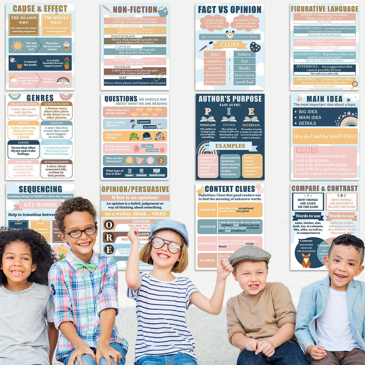 QOUBAI 12Pcs Reading Comprehension Classroom Posters Boho Rainbow English Language Arts Bulletin Board Chart Reading Corner Poster for Elementary Middle High School Wall Decor Classroom Must Haves