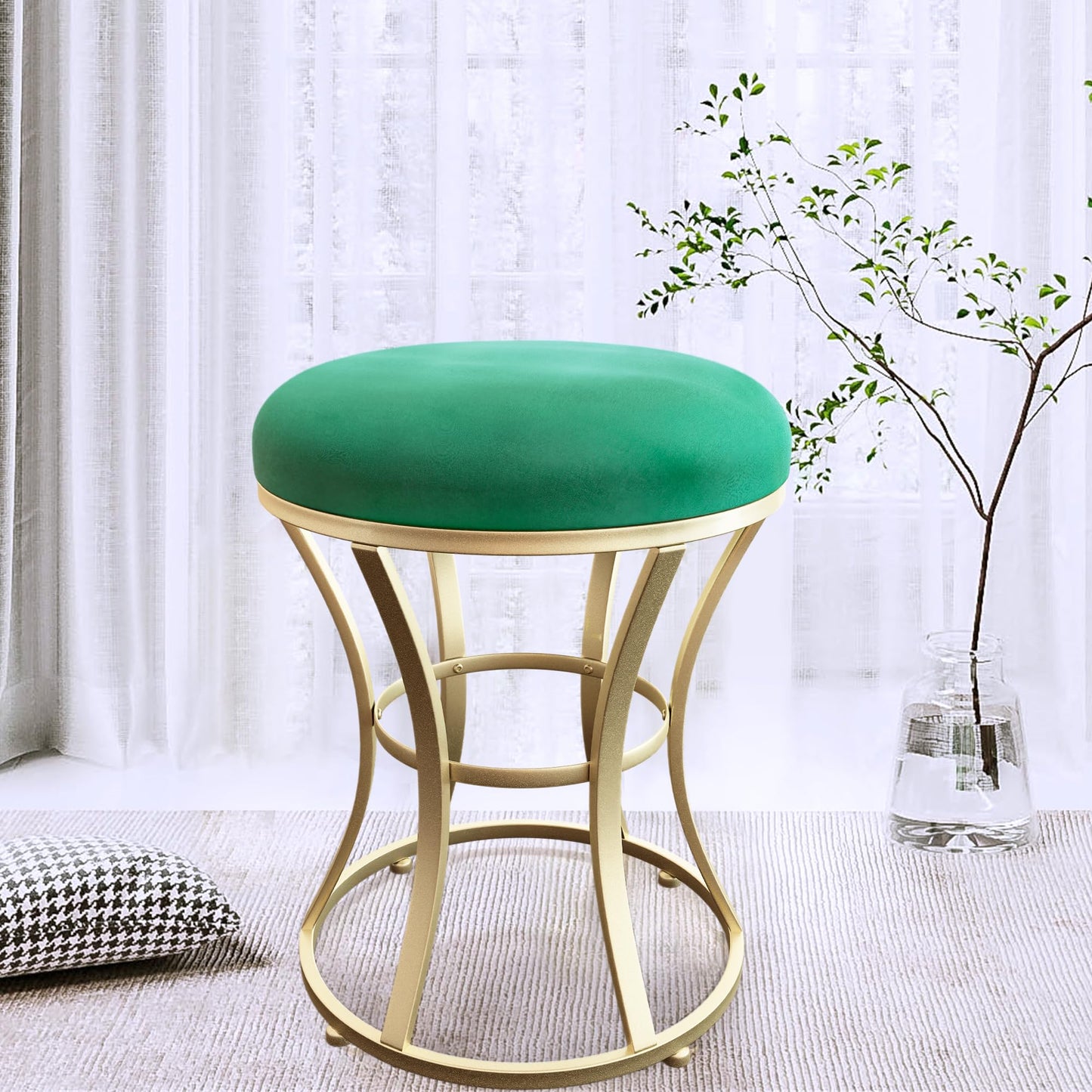 Ellensamqi Velvet Soft Modern Vanity Footstool -Round Footrest Stool Ottoman Seat Dressing with Golden Metal Leg and Sponge Filling,Upholstered Foot Rest, for Living Room and Bedroom Green