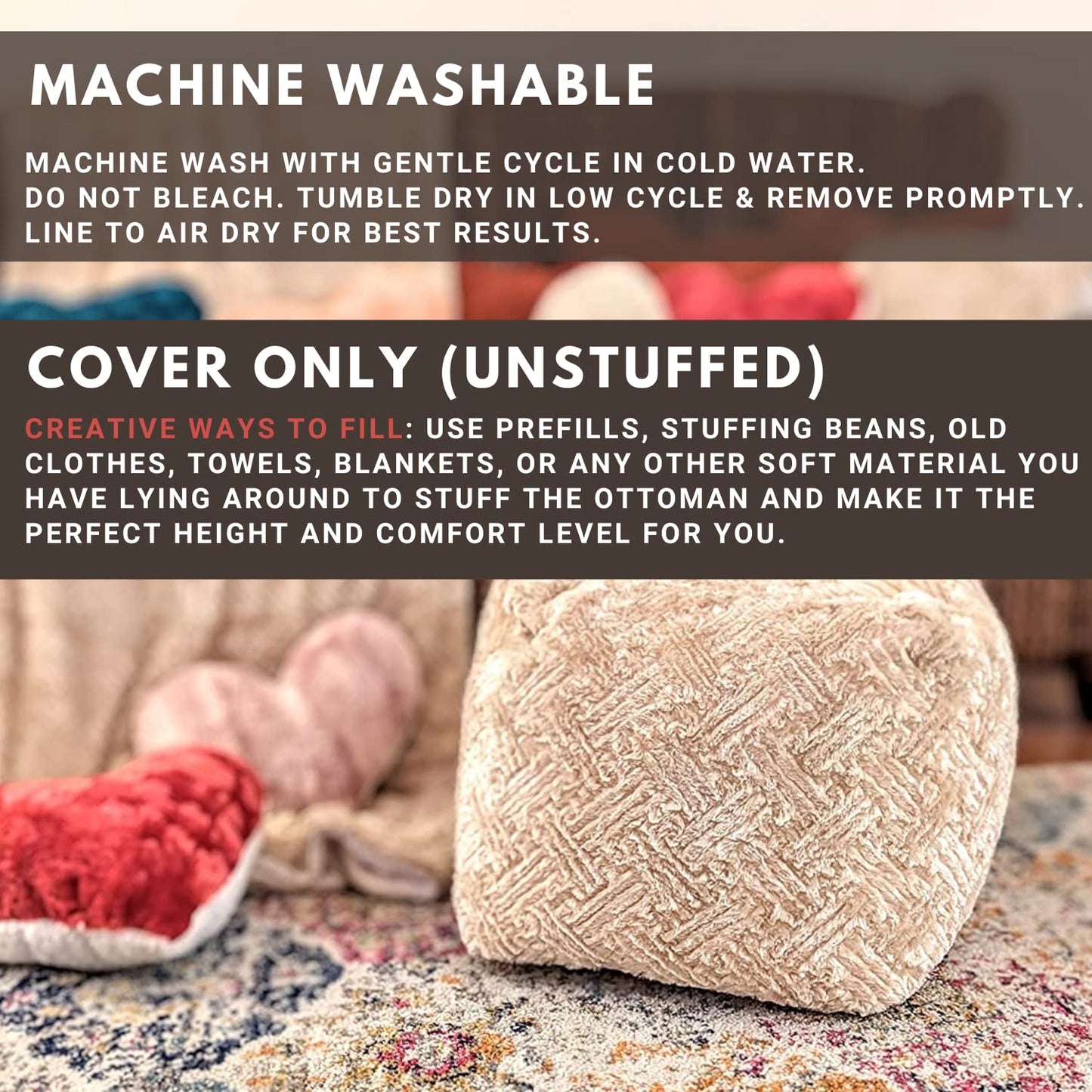 DaDalogy Bedding Champagne Ivory Gold Faux Fur Ottoman Pouf Cover - Nude Neutral Elegant Cozy Soft Pattern with Zipper (Unstuffed) Large 18" x 18" x 18"