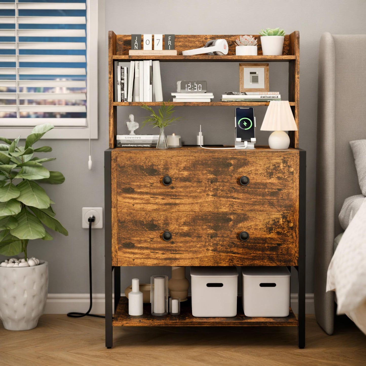 PATAVOT 24 Inch Wide Night Stand, Large Wooden Night Stand with 2 Adjustable Drawes, Tall Nightstand with 4-Tier Shelves and Charging Station, Bedside Table for Living Room/Bedroom/Office, Retro.