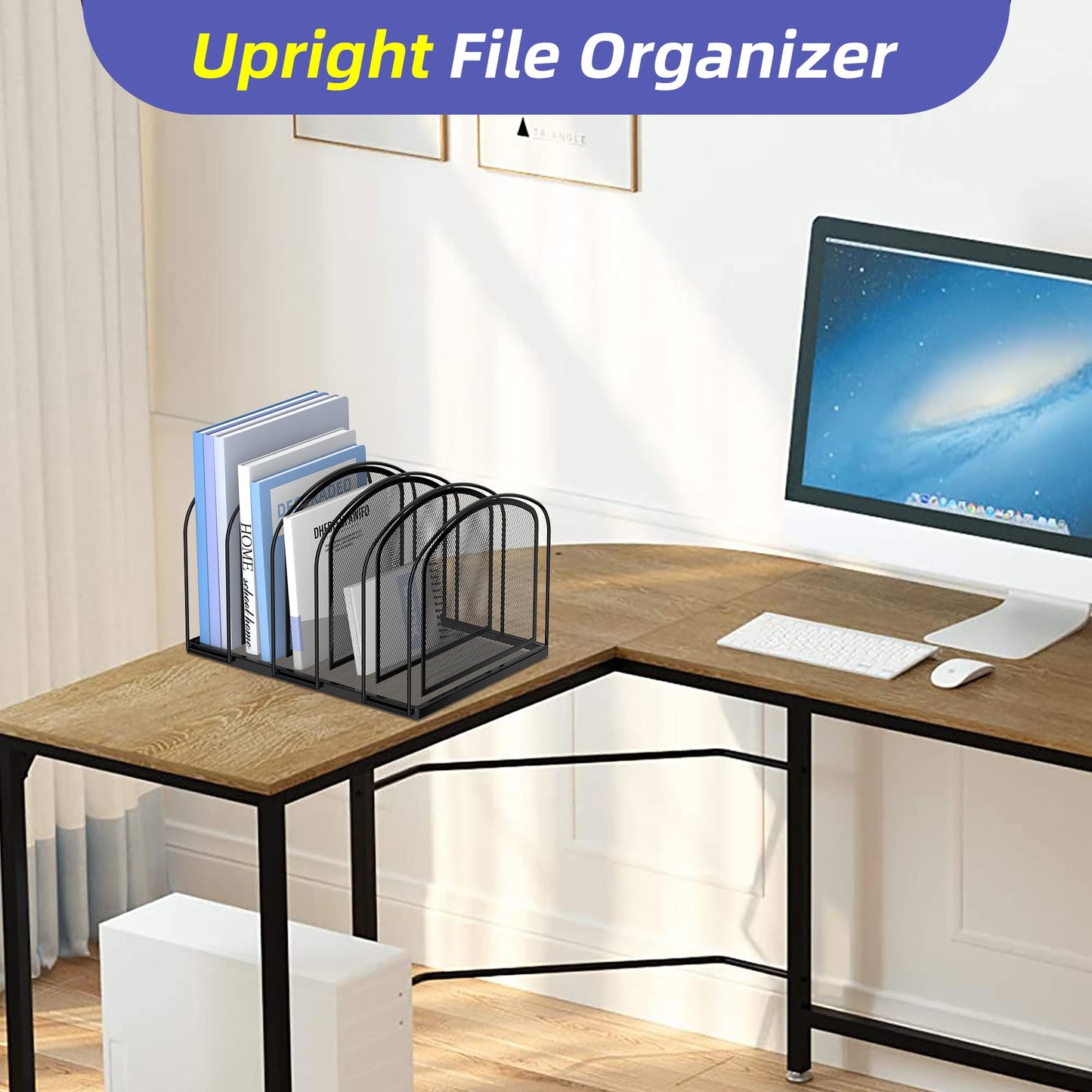 SUPEASY File Organizer for Desk, 5-Section Mesh Desk Organizer, Vertical File Holder Desktop Organizer File Sorter, File Folder Holder for Office Supplies, Black