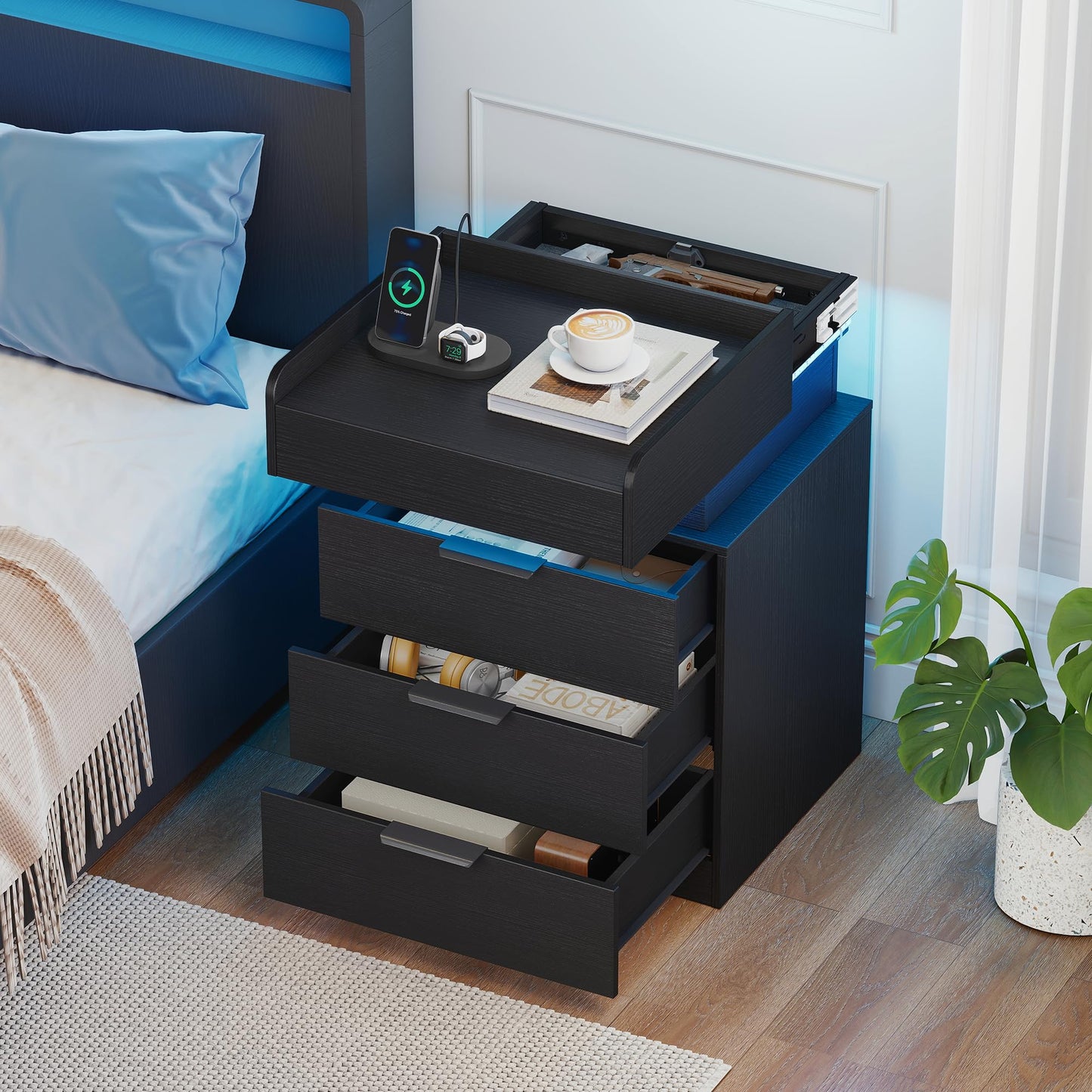 Turosur Night Stand with Gun Drawer, LED Nightstand with Charging Station, Wood Bedside Table with Hidden Storage and 3 Drawers for Bedroom, Modern Black
