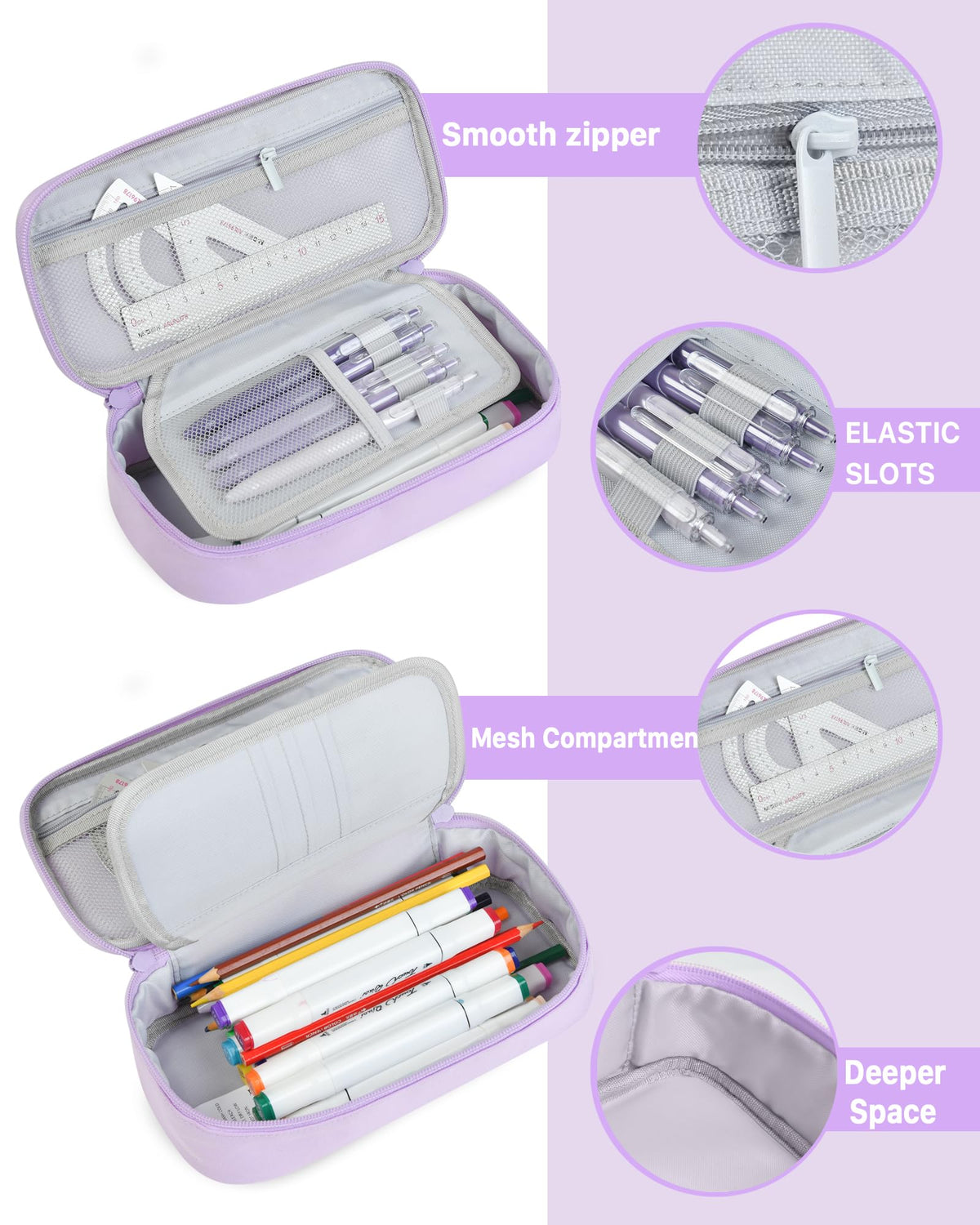 YOKUMA Cute Pencil Case for Girls, Large Pencil Pouch, Zipper Pencil Box, Aesthetic Pen Bag School Supplies for Student Teen College Adults, Lilac