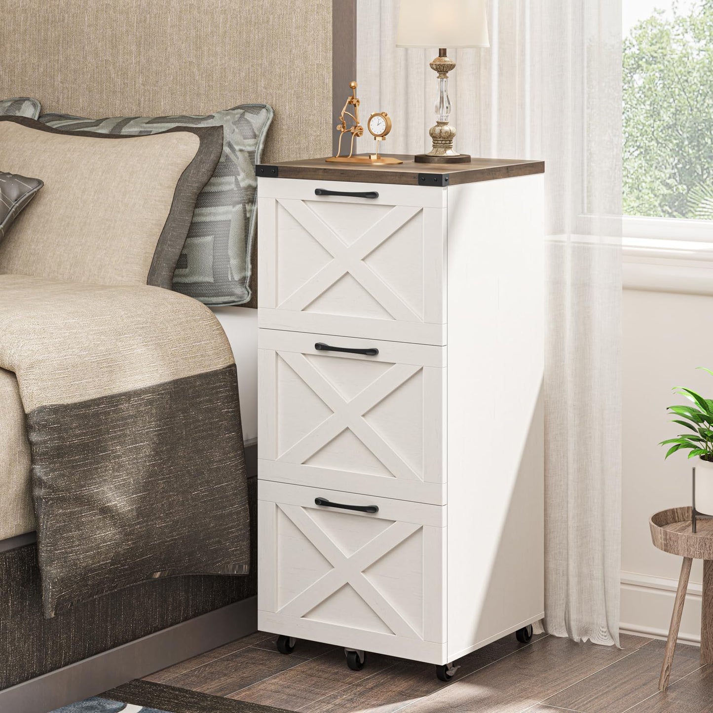 Halitaa 3 Drawer Tall File Cabinet with Wheels, Farmhouse Vertical Filing Cabinet Fits Letter/A4 Size, Rolling File Cabinets Wooden Printer Stand for Home Office, Rustic White and Brown