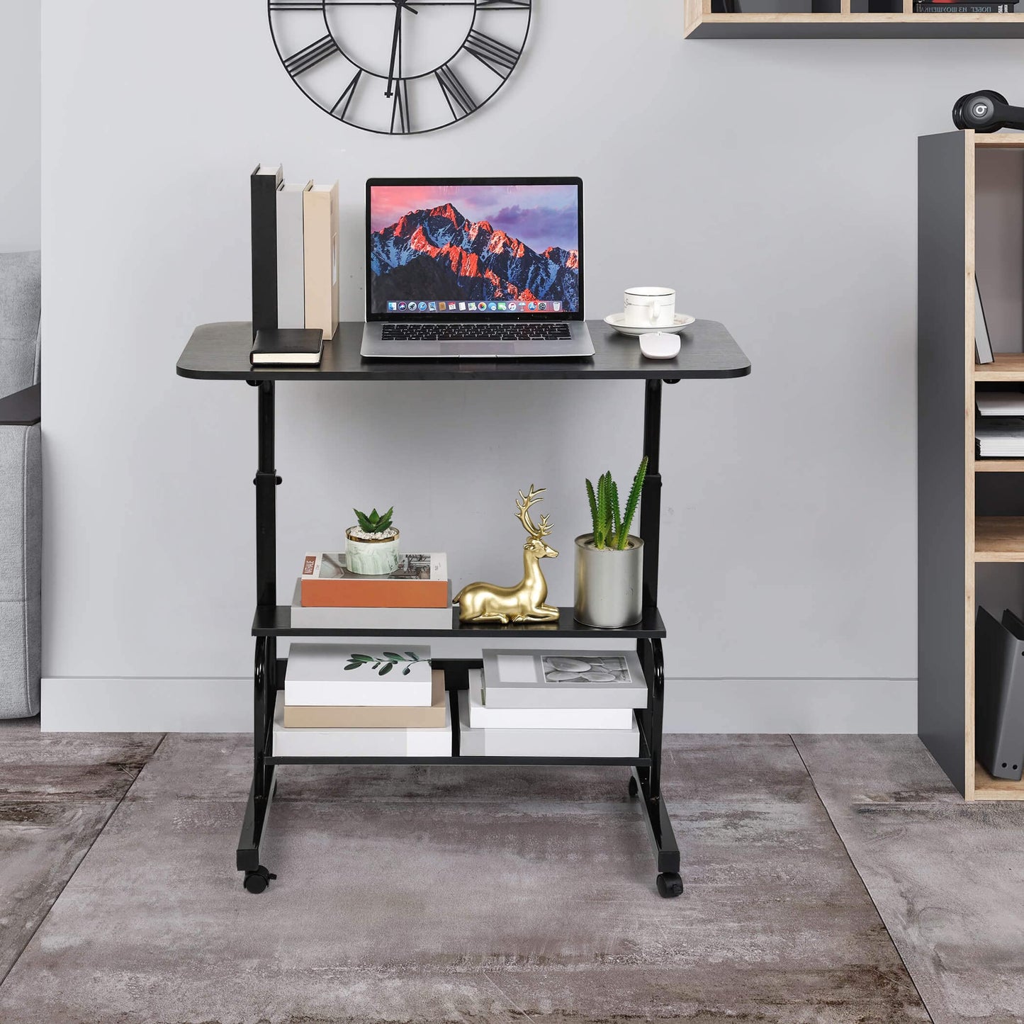 Fawabriyj Adjustable Laptop Standing Desk - Mobile Rolling Computer Workstation for Small Spaces, Portable Home Office Desk with Storage Black