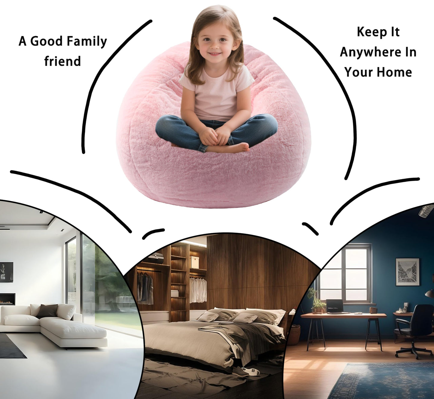 ENBAOHUI 3FT Faux Fur Comfy Memory Foam Bean Bag Chairs for Kids or Babies with Filling Bean Bag Sofa with Handle Super Soft Washable Faux Fur Fabric Lazy Sofa 3 Foot Pink