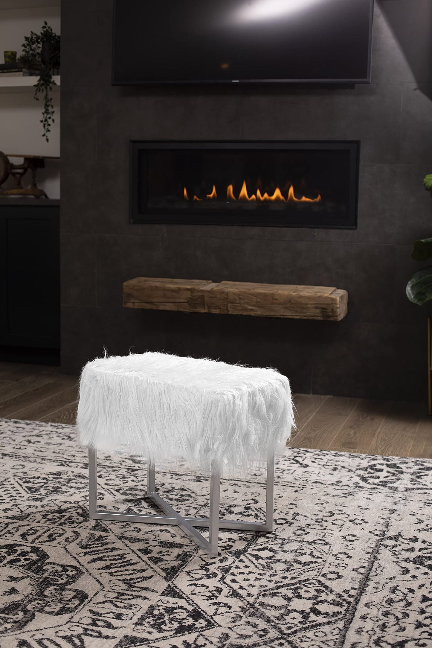 BIRDROCK HOME Rectangular Faux Fur Vanity Foot Stool Ottoman with Metal Legs - Small Soft Padded and Fluffy Makeup Seat or Foot Rest for Bedroom, Desk, or Dressing Table (White and Gray)