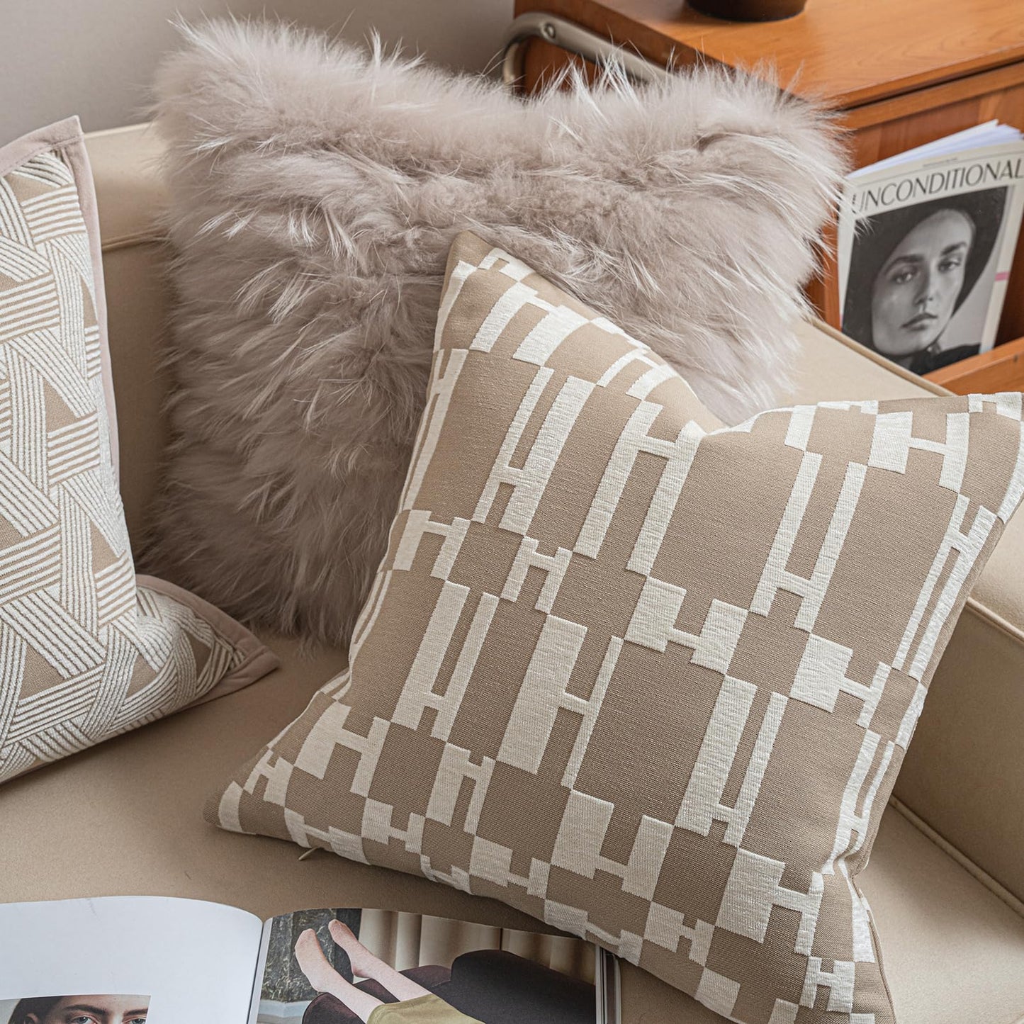 Croker Horse New 20x20'' inches Throw Pillow Cushion Covers - Beige H Letter Chenille Jacquard Embroidery Luxury Modern Style Couch Sofa Bed Pillow Cover for Living Room Bedroom