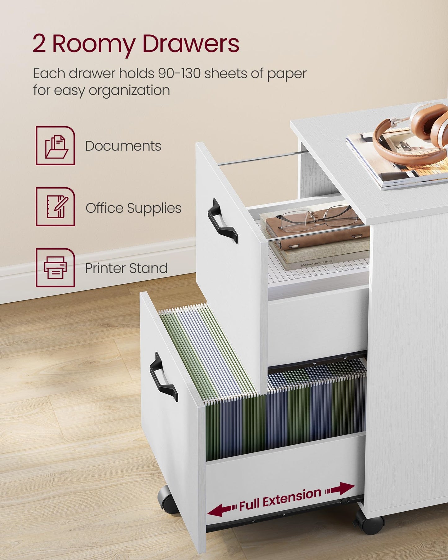 VASAGLE 2-Drawer File Cabinet, Small Rolling Filing Cabinet for Home Office, Printer Stand, for A4, Letter-Size Documents, 15.7 x 16.5 x 27.6 Inches, Snow White UOFC040W46