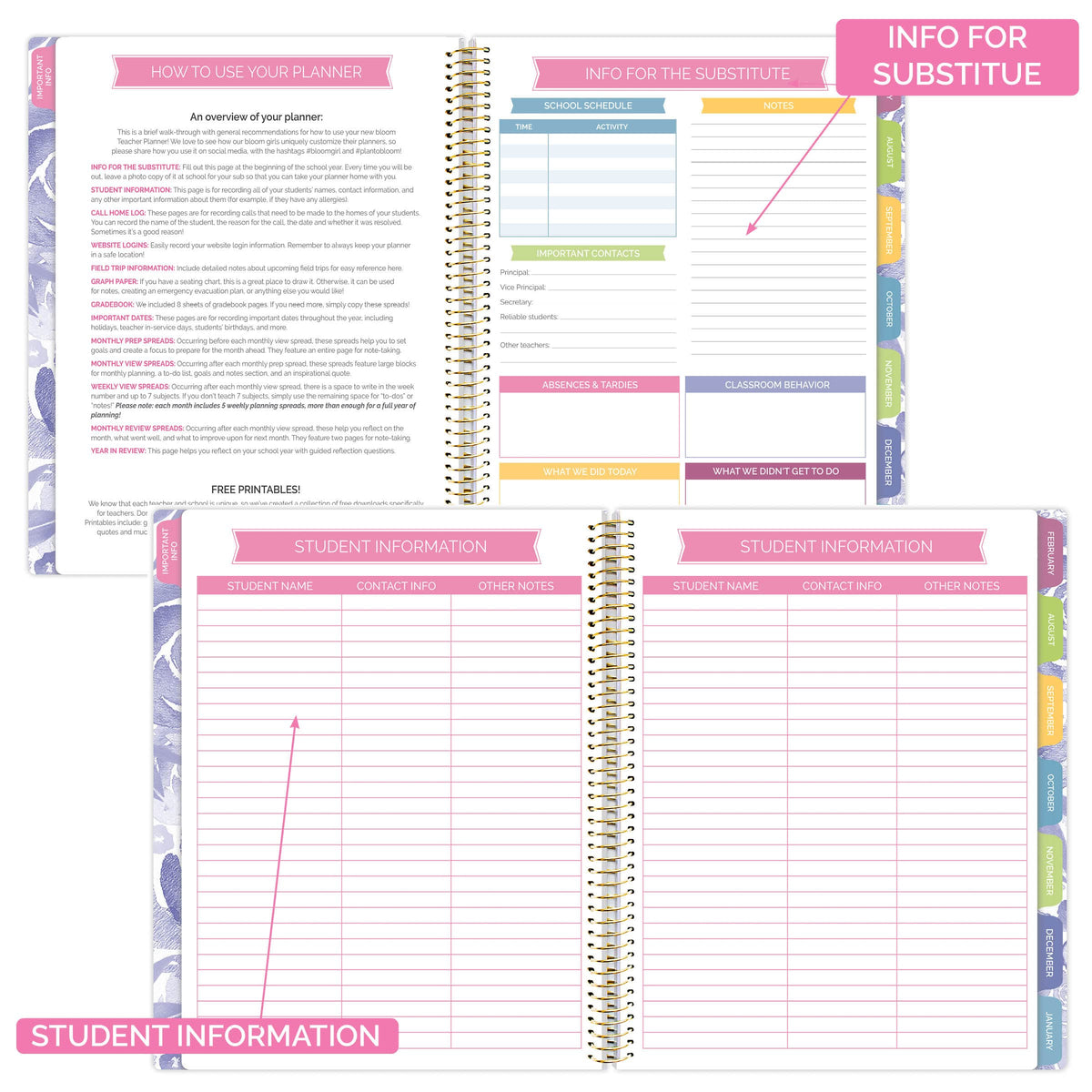bloom daily planners Undated Academic Year Teacher Planner & Calendar - 7 Period Lesson Plan Organizer Book with Frosted Cover (9" x 11") (Watercolor Floral)