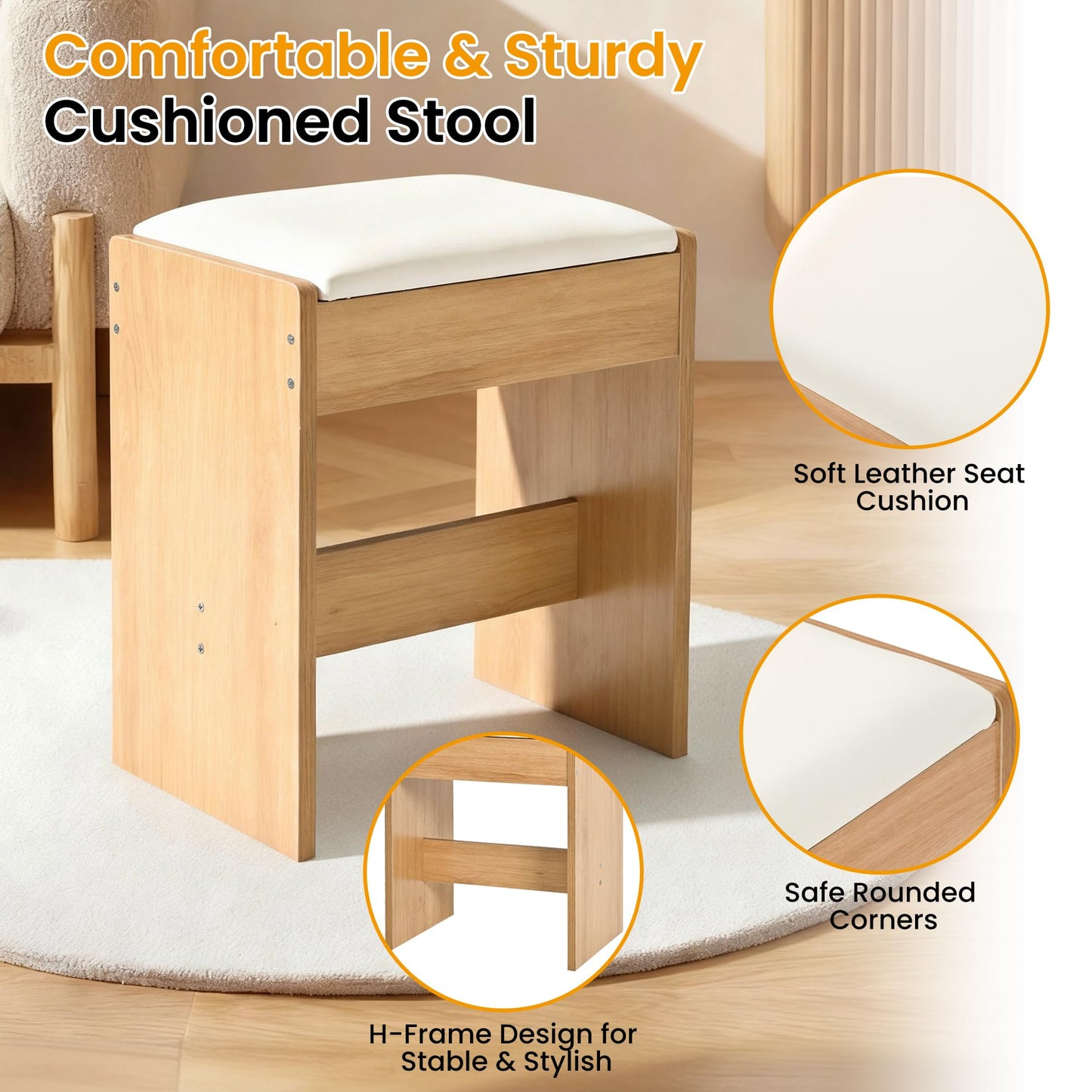 Pamapic Vanity Desk Chair, Modern Dressing Table Stool, Wooden Chair