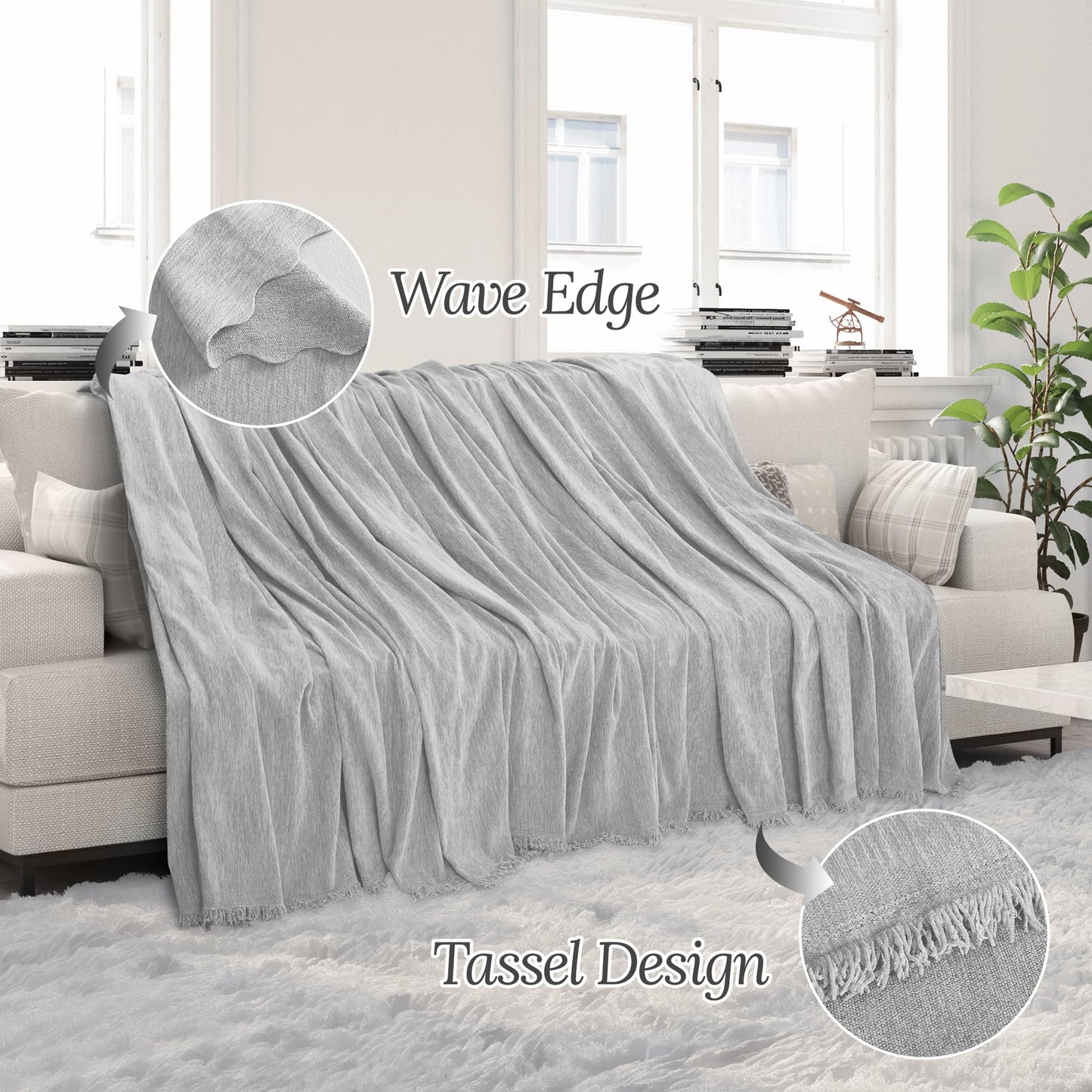 HDCAXKJ Corner Sectional Couch Covers for Dogs L Shape Sofa Cover with Tassel Chenille Super Soft Non Slip U Shaped Couch Cover Blanket Washable Sectional Slipcover Protector (Ash Gray, 71x276 inch)