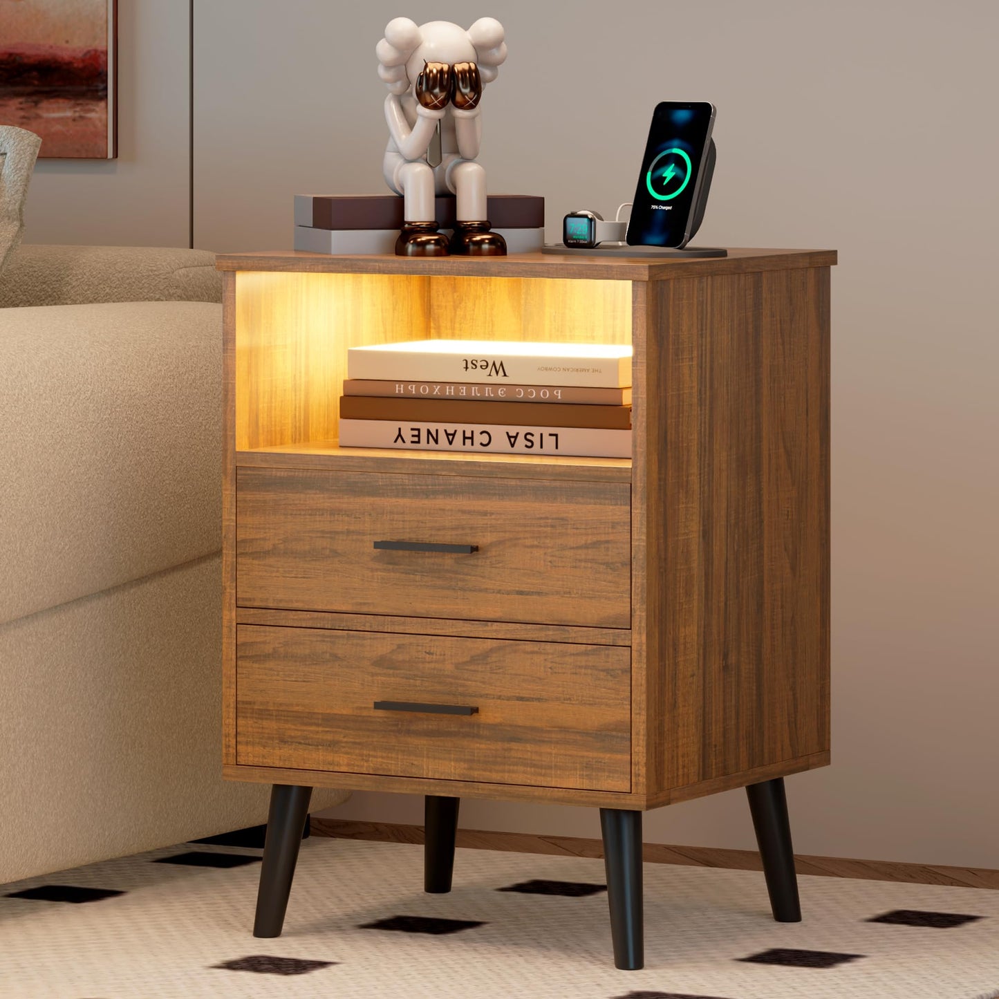 LVSOMT Nightstands Set of 2, Nightstand with Charging Station and USB Ports, Rustic Brown Bedside Table with Open Shelf, Mid Century Modern Nightstand with 2 Drawers, Night Stands for Bedroom