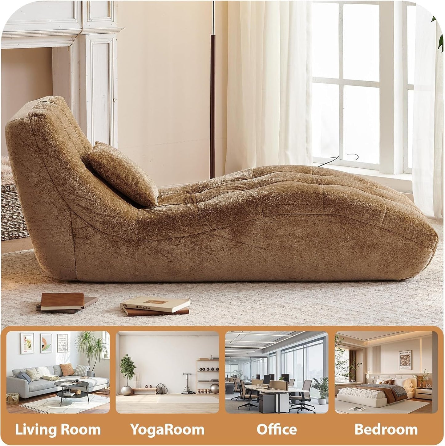 Huadeo Chaise Lounge Chair with Curved Back, Modern Upholstered Recliner Sofa, Tufted Accent Lounger Comfortable Lazy Chair for Bedroom, Apartment (Camel)