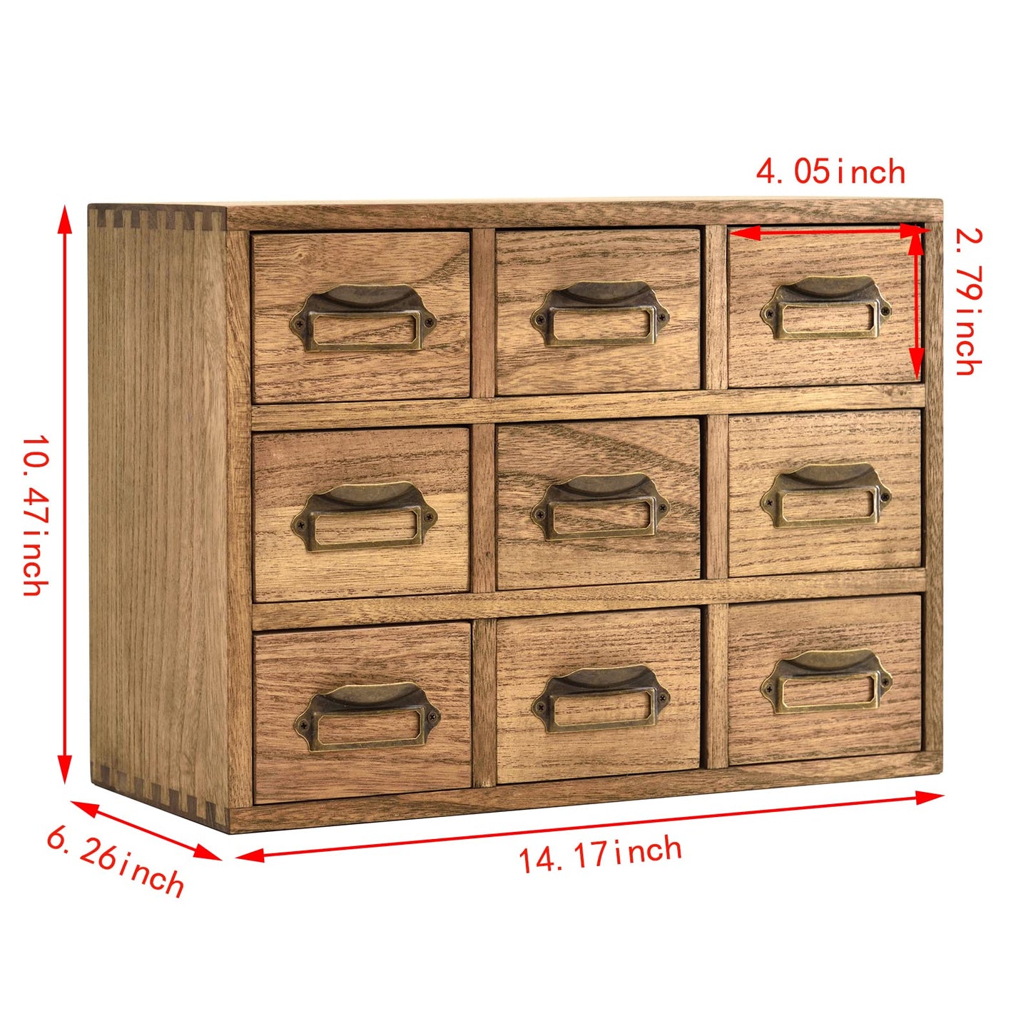 KIRIGEN Wooden Desk Storage Cabinet with 9 Mini Drawers, Solid Wood Desktop Organizer with Metal Label Handles for Office Supplies, Crafts, Tea Bags, Makeup, Brown 9CG-DBR
