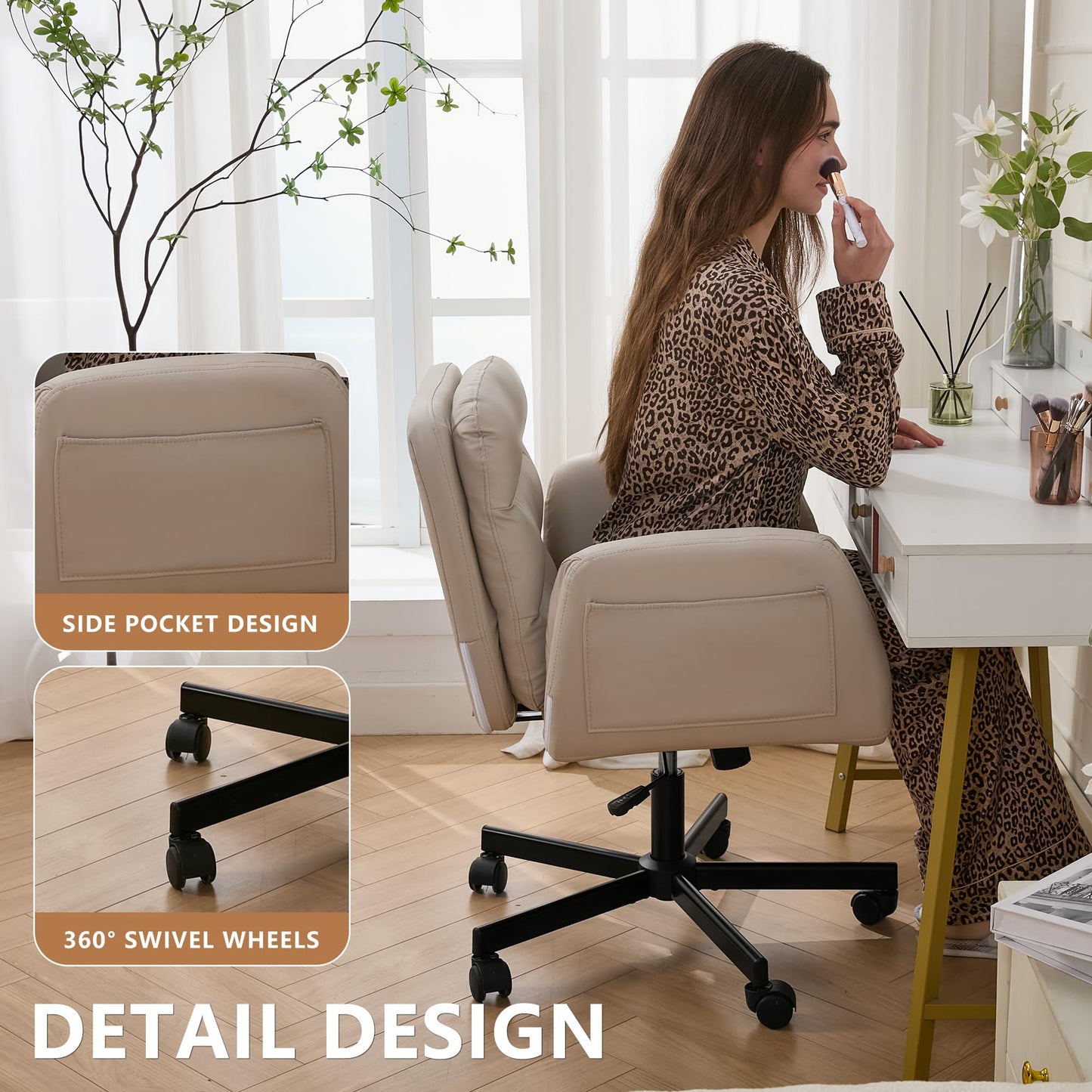 Criss Cross Chair with Flip-Up Arms & Swivel Wheels, Vanity Chair with Adjustable Height & Side Pockets, Comfortable Wide Seat Reclining Computer Office Desk Chairs for Home Office, Make Up, Bed Room