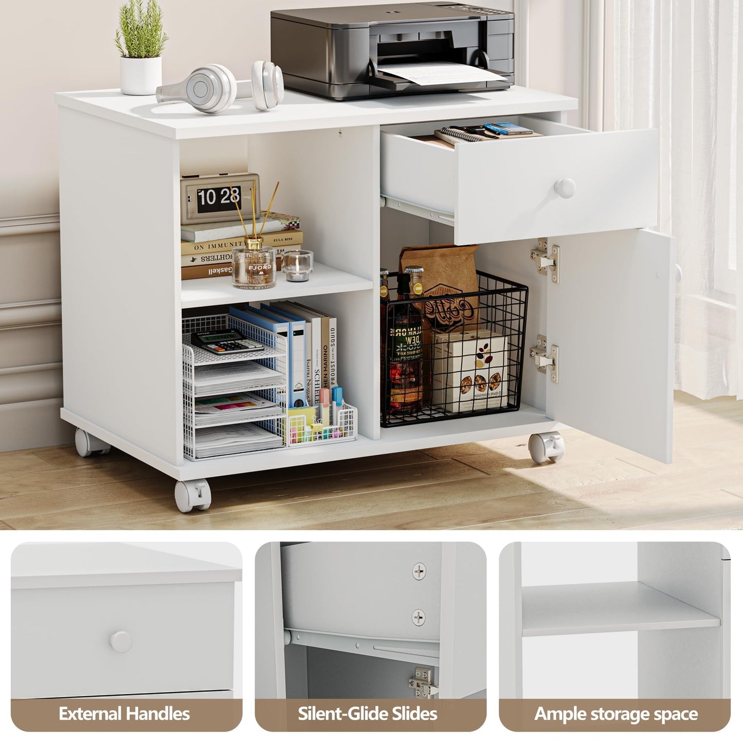 Quikraen Rolling File Cabinet Mobile Filing Cabinets with Doors, Adjustable Shelves Storage Cabinet, Lateral Printer Stand with Drawer for Office Supplies Mobile Filing Cabinet White