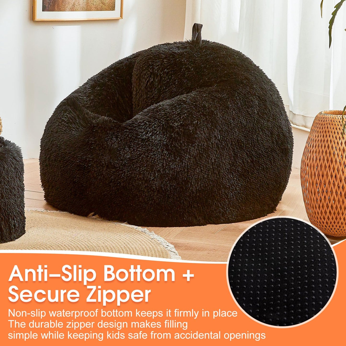 Black fuzzy bean bag chair covers (No Filler), comfy Shaggy Black bean bag chair Cover for bedroom, stuffed animal Storage, kids adults teens girls bean bag chairs, Anti-Slip