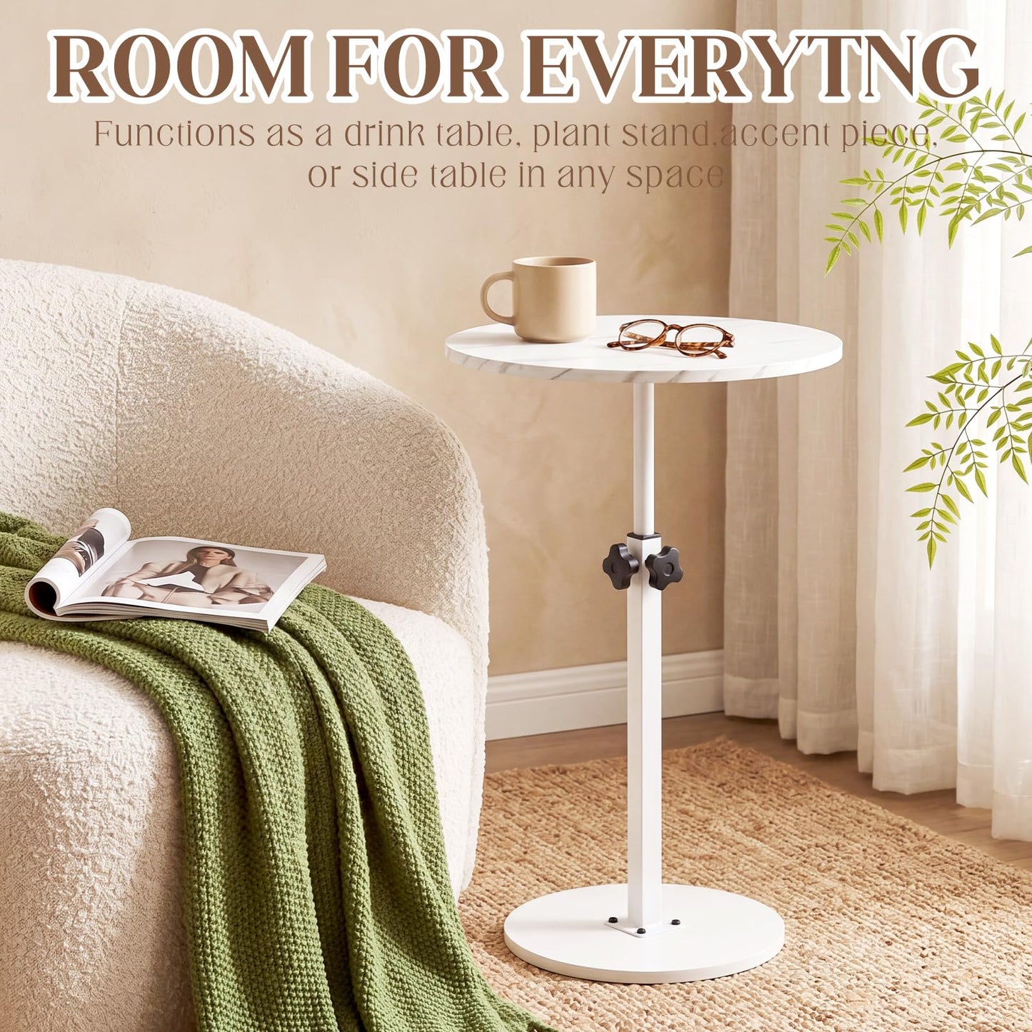 Sintuff Adjustable Height Round Side Table, 15.7" Marble Color Drink Stand with Metal Pedestal Base, White Small Space Martini Table for Living Room, Bedroom, Sofa, Balcony, 18"-30" Tall