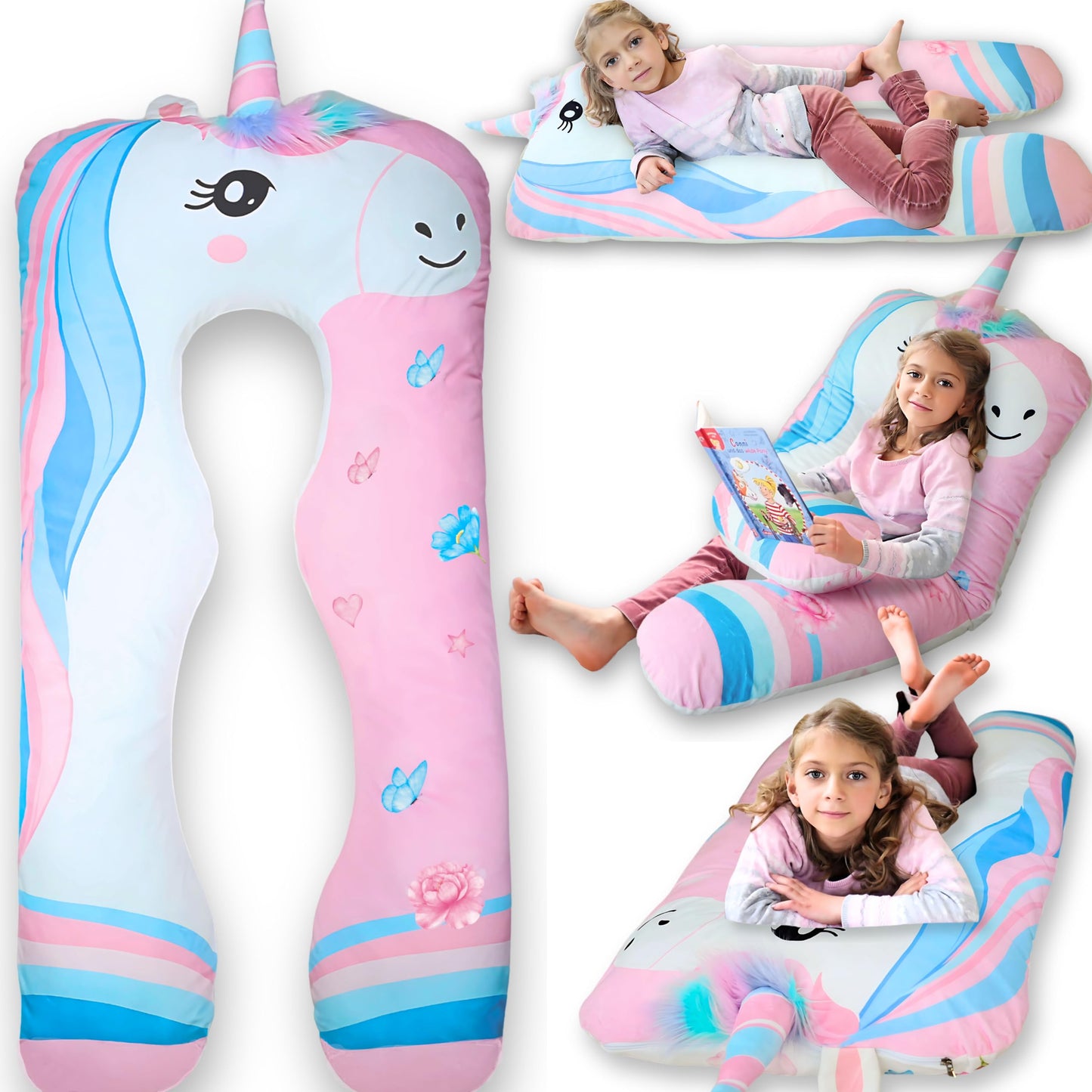 LUNAMIRA Unicorn Kids Body Pillow - 47" U-Shape Long Plush Soft Animal Pillow for Sleeping, Reading, ADHD & Special Needs Comfort, Anxiety, Washable Cover, Snuggle Cuddle for Boys & Girls