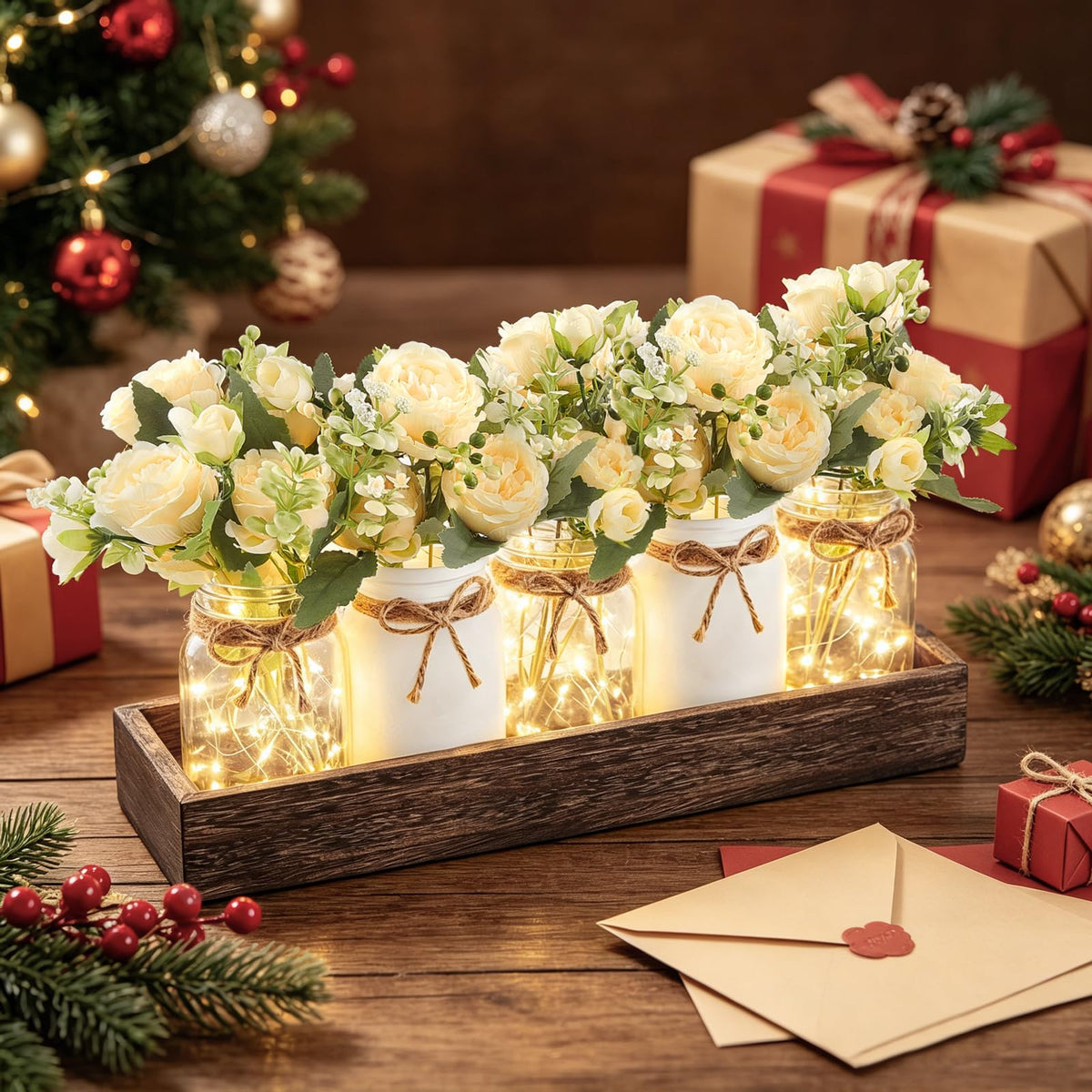 Mkono Mason Jar Lights Centerpiece Table Decor for Dining Room Farmhouse Wood Tray with Flowers Valentines Day Decoration for Coffee Table Kitchen Living Room Wedding