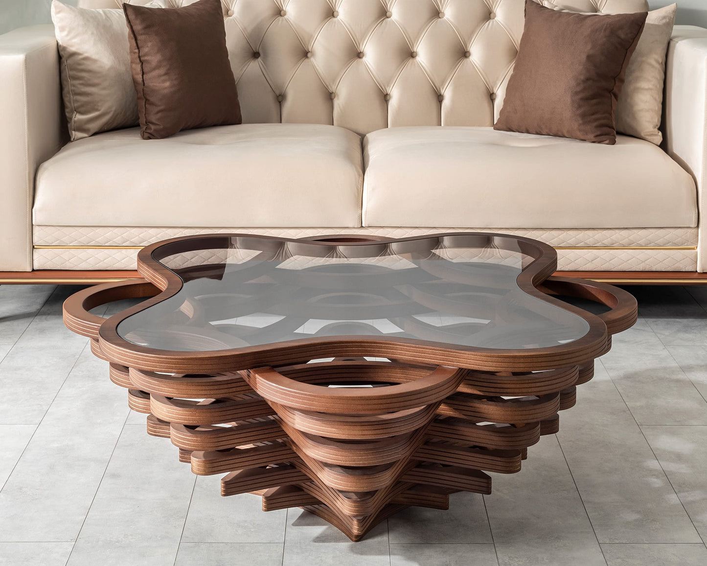 by Papella Design, Cloud Coffee Table, Modern Decorative Wooden Center Table, Glass Top Living Room & Reception Coffee Table, Natural Walnut Veneer, Rustic & Contemporary Style, for Home & Office
