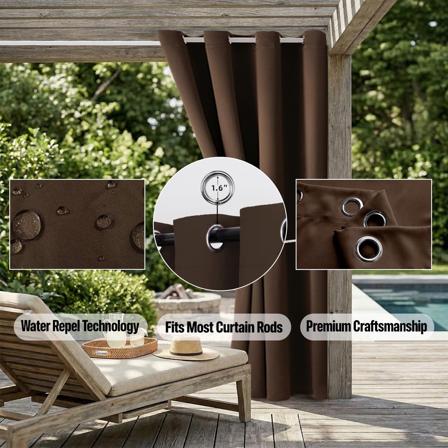 Water Proof Outside Curtains with Grommet Top for Porch, Thermal Insulated Washable Light Block Outdoor Divider Drapes for Patio Gazebo Deck Pool Area Pergola Cabana (W84 x L95, Brown, 2 Panels)