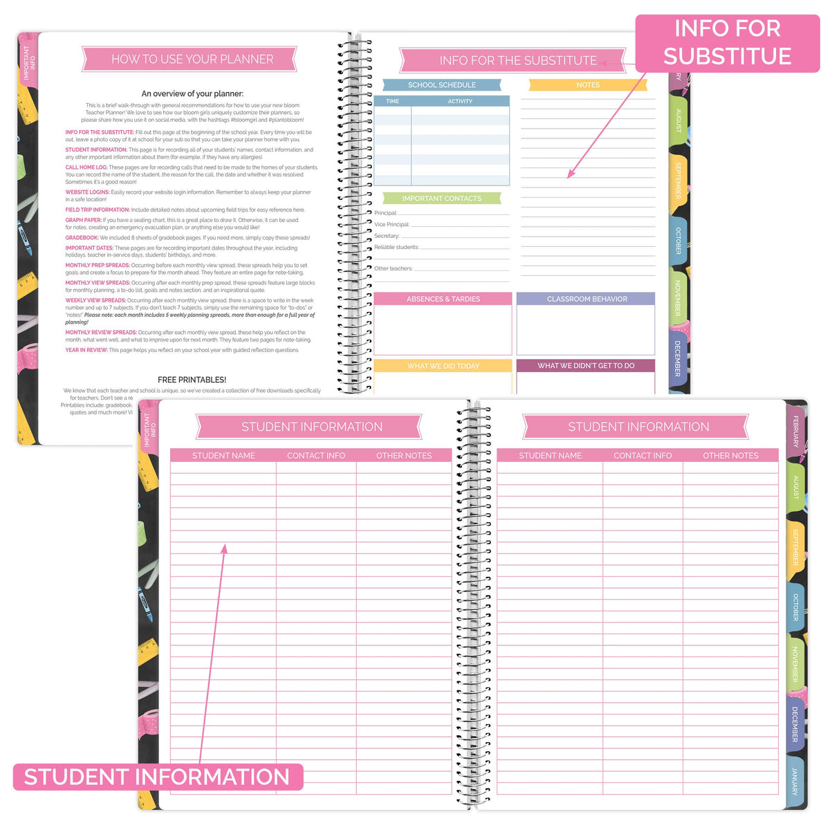 bloom daily planners Undated Academic Year Teacher Planner & Calendar - 7 Period Lesson Plan Organizer Book with Frosted Protective Cover (9" x 11") - Chalkboard