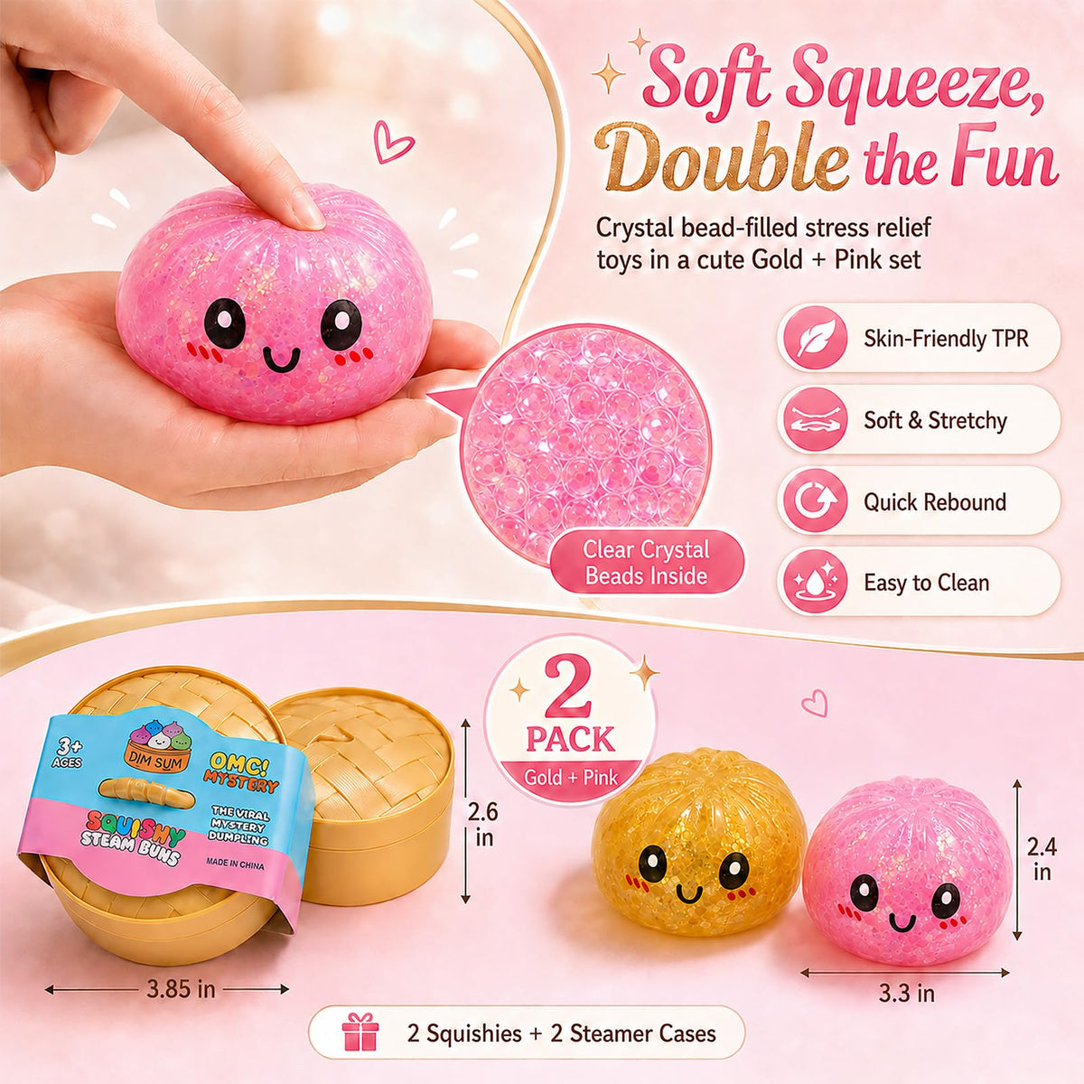 Glitter Dumpling Squishy with Mystery Box, Water Squishy Bead Texture, Colorful Stress Balls Fidget Sensory Toy, Steamer Box, Squeeze Toys for Adults, Gold Glitter, Crystal Clear Look (Gold+Pink)