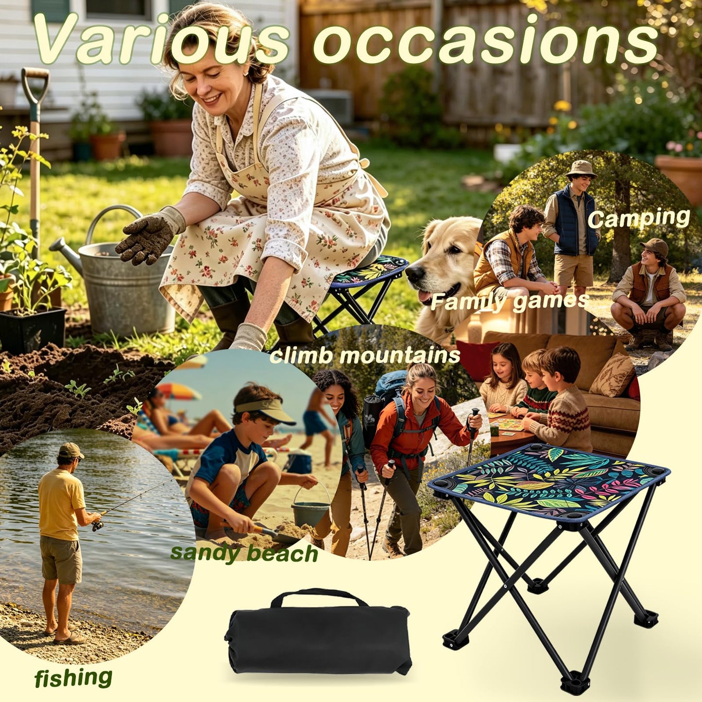 LALIPA Portable Collapsible Stool Outdoor Folding Chair Small Camping Stool for Hiking,Fishing,Gardening,Beach and Travel with Carry Bag (1 Pack,Pattern)