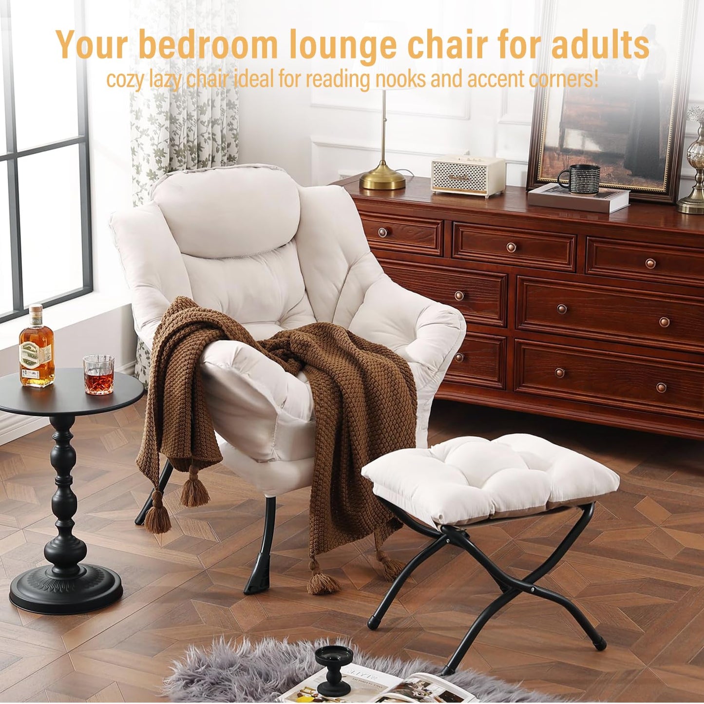 Furlide Lazy Chair with Ottoman, Modern Accent Chair with Armrests and a Side Pocket, Beige Accent Chairs, Reading Chairs, Oversized Armchairs for Bedroom, Study, Living Room, Courtyard