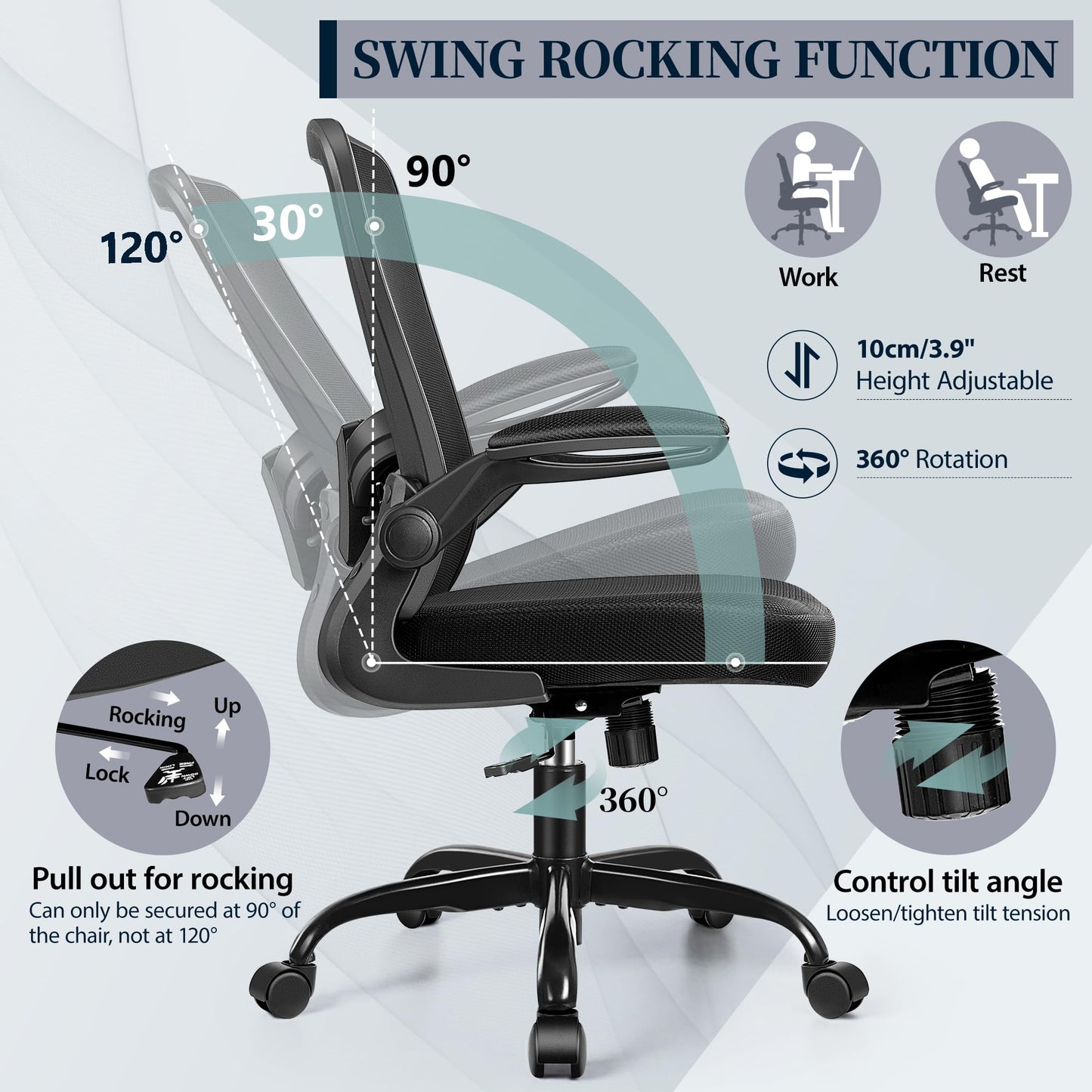 FelixKing Office Chair - Ergonomic Desk Chair with Adjustable Height, 360° Swivel, Flip-up Armrests, Flexible Tilt, Comfy Breathable Cushion and Fabric, Lumbar Support, for Home Conference Room Office