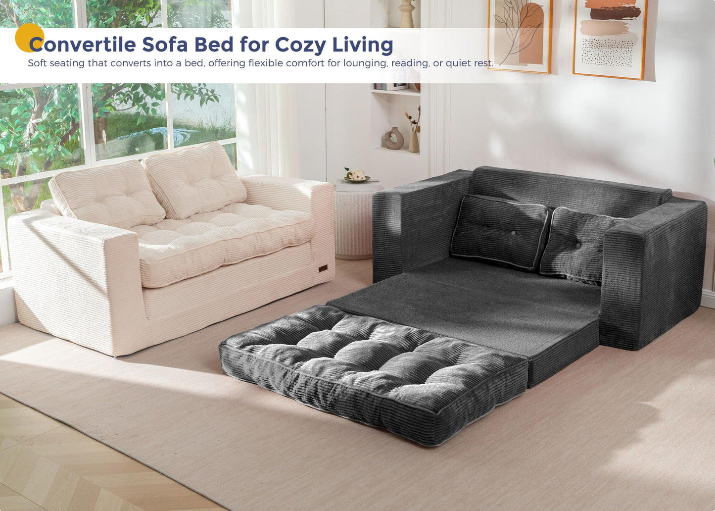 MAXYOYO Convertible Sofa Bed, Loveseat Sofa Couch for Adults, 2 in 1 Folding Couch Bed, Fold Out Floor Couch for Living Room Bedroom Lounge, Dark Grey