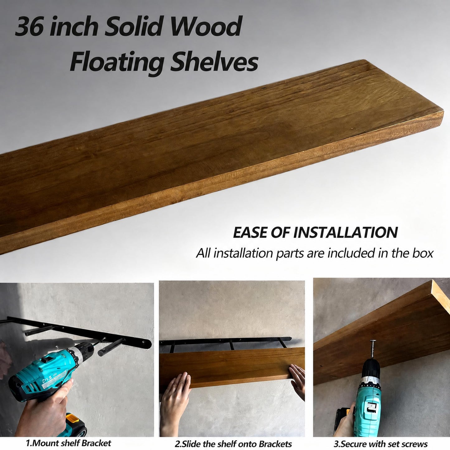 ROGMARS 36 Inches Long Walnut Floating Shelves,Rustic Solid Wood Farmhouse Wall Shelves with Invisible Brackets for Bathroom, Living Room, Bedroom, Kitchen Set of 2
