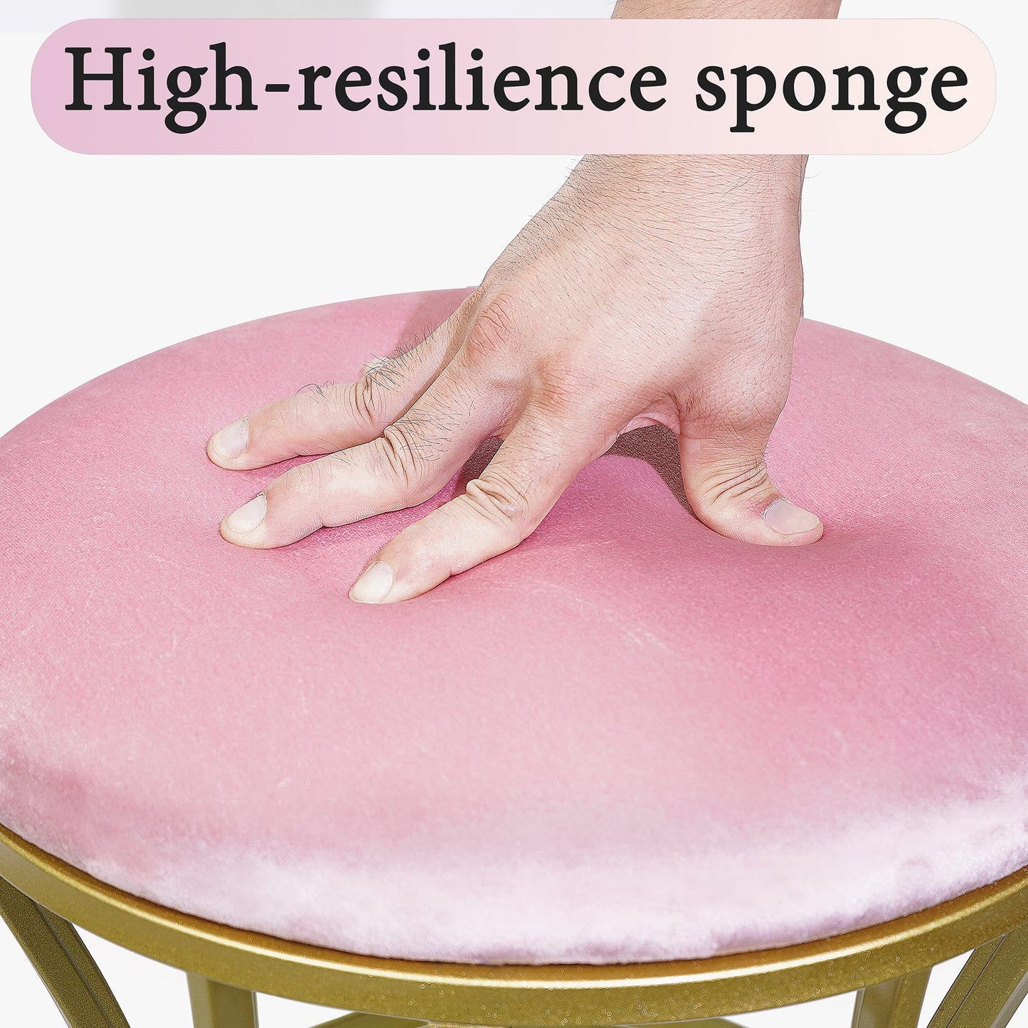 Ellensamqi Velvet Round Vanity Stool Chair,Pink Velvet Footrest Ottoman Foot Stool Seat with Golden Metal Legs,Makeup Chair for Bathroom Vanity,Bedroom,Living Room