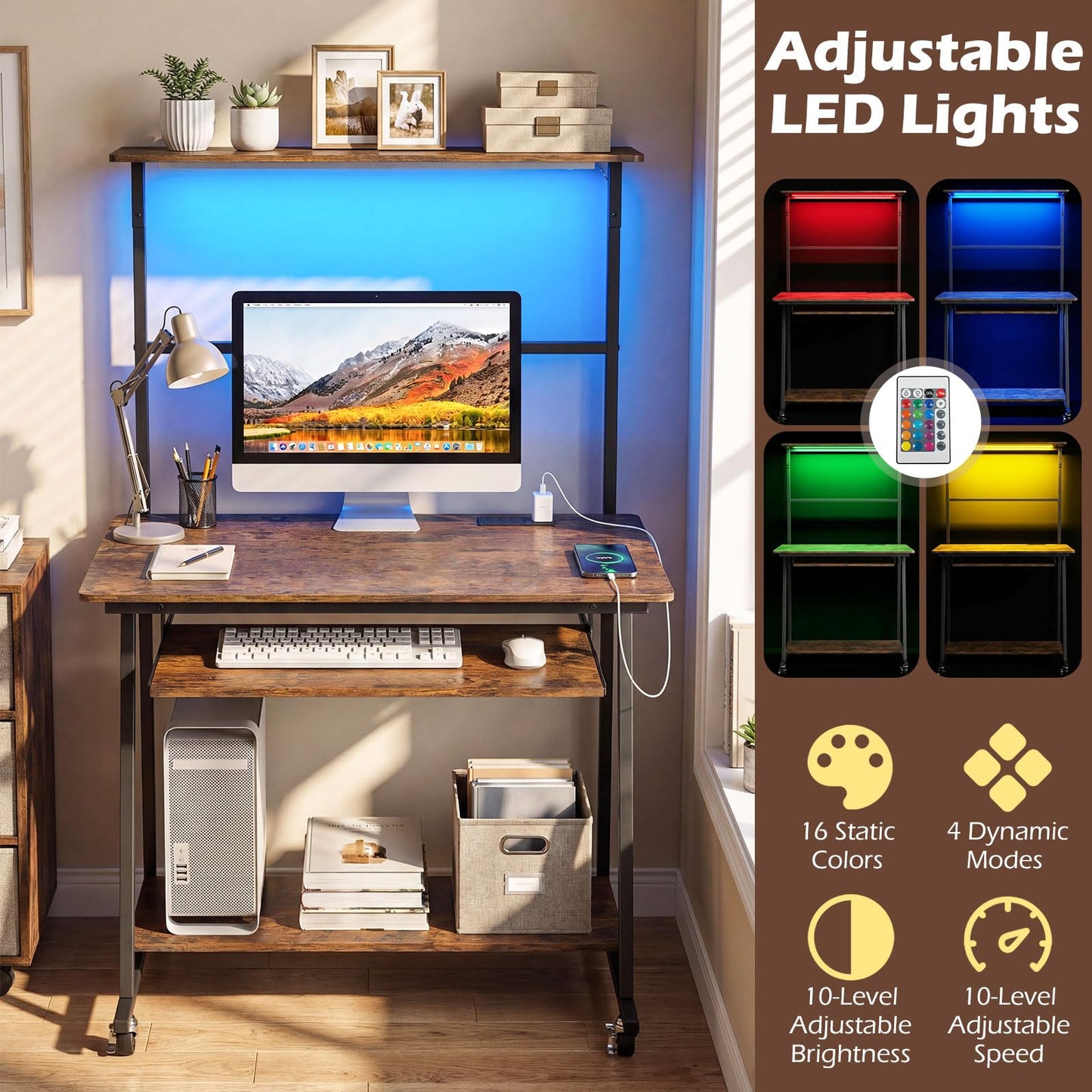 Giantex 31.5" Small Computer Desk with Charging Station & LED Lights, Rolling Home Office Desk w/Hutch, Keyboard Tray & Bottom Shelf, Study Writing Gaming Workstation Table for Bedroom, Rustic Brown