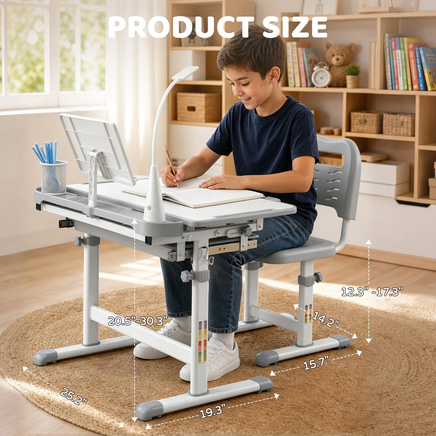 Diroan Kids Functional Desk and Chair Set, Ergonomic Height Adjustable Children School Study Desk with Tilt Desktop, Book Stand, LED Light, Metal Hook and Storage Drawer for Boys Girls(Grey)