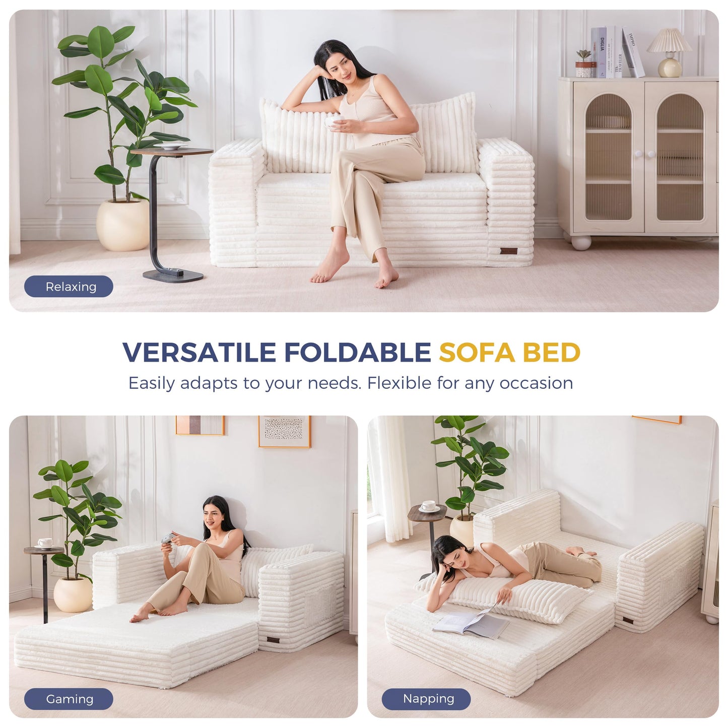 MAXYOYO Convertible Sofa Bed, 2 in 1 Folding Couch Bed for Small Space, Pull Out Loveseat Sofa Couch with Large Back Pillow, Plush Faux Fabric Lounge Couch for Living Room, Apartment, Beige