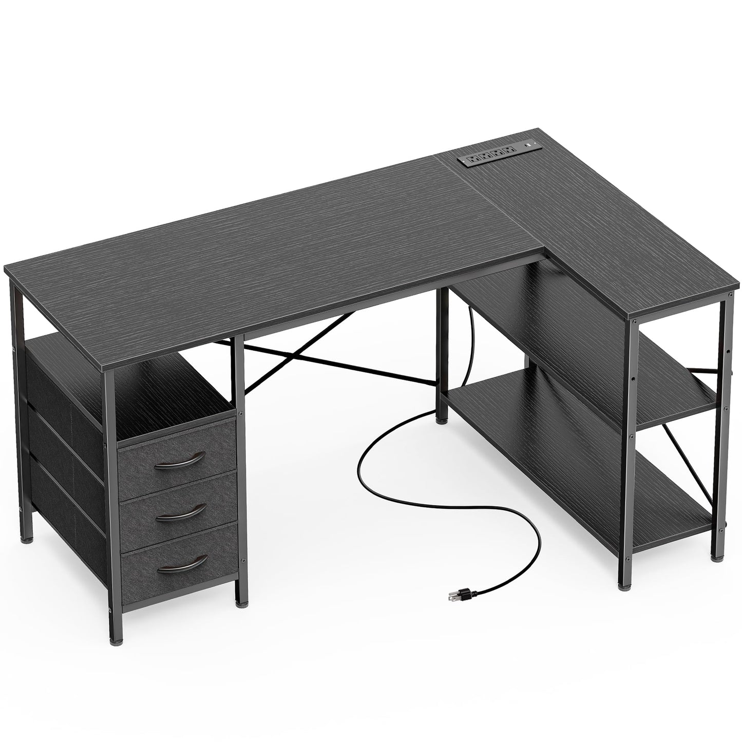 Huuger L Shaped Office Desk with Power Outlets, 47 Inch Computer Desk with 3 Drawers, Shelves, for Gaming, Corner Work, Home Office, Study, Black