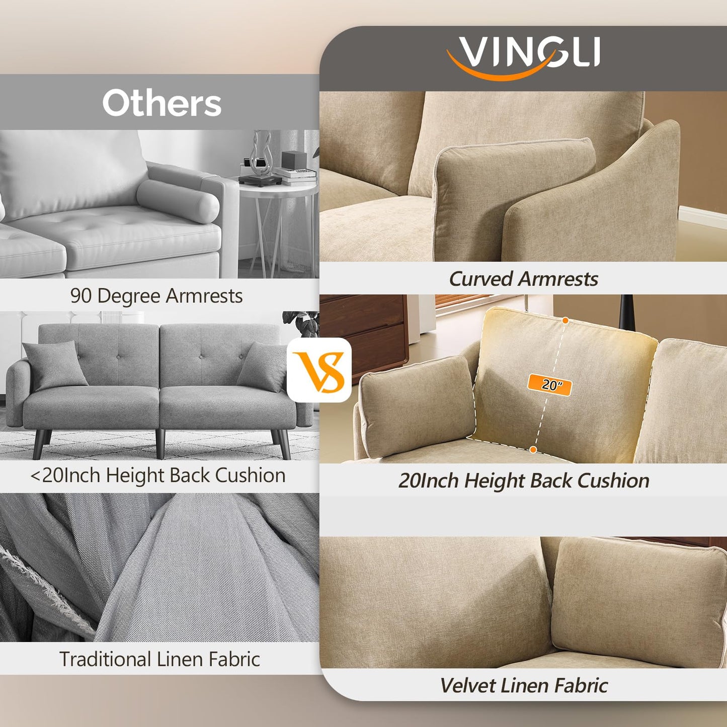 VINGLI 84" Extra Deep Seat Sofa Couch, 3 Seater Upholstered Living Room Couches with 2 Piped Seater Cushions, Throw Pillows, Modern Linen Velvet Fabric Sofa for Apartment Bedroom Office
