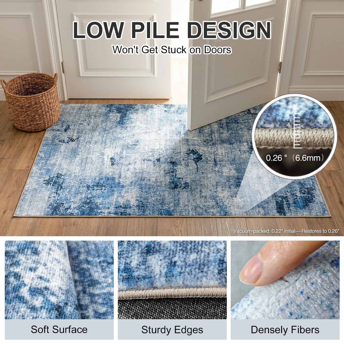 Cnythlis Washable Area Rugs, 0.26 Inch Low Pile Non Slip Abstract Rugs for Bedroom Study Room - Foldable Indoor Carpet, Pet Friendly Surface, Stain-Resistant & Water-Resistant, 5'x7', Blue