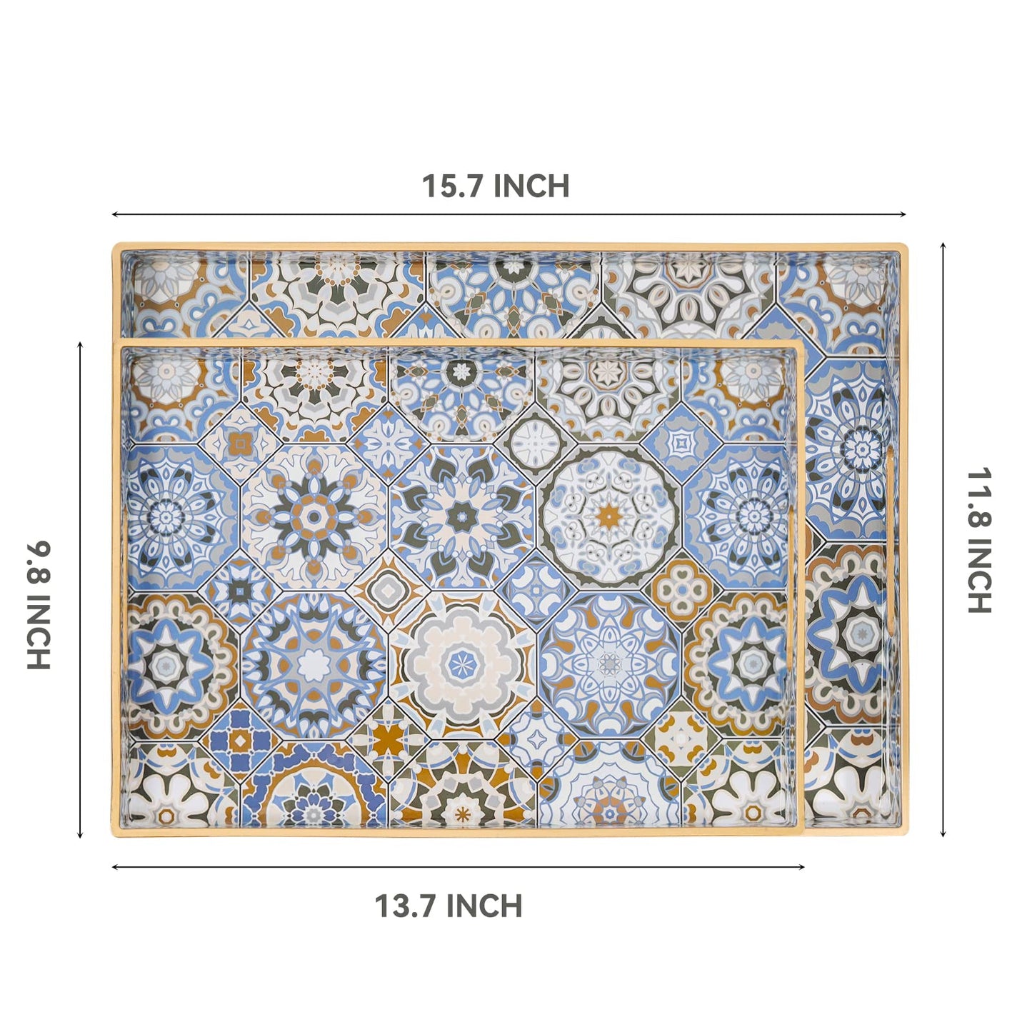 AGIOTA 2 Pcs Serving Tray with Handles Bohemian Decorative Tray Large Ottoman Trays for Living Room Blue Coffee Table Trays for Breakfast