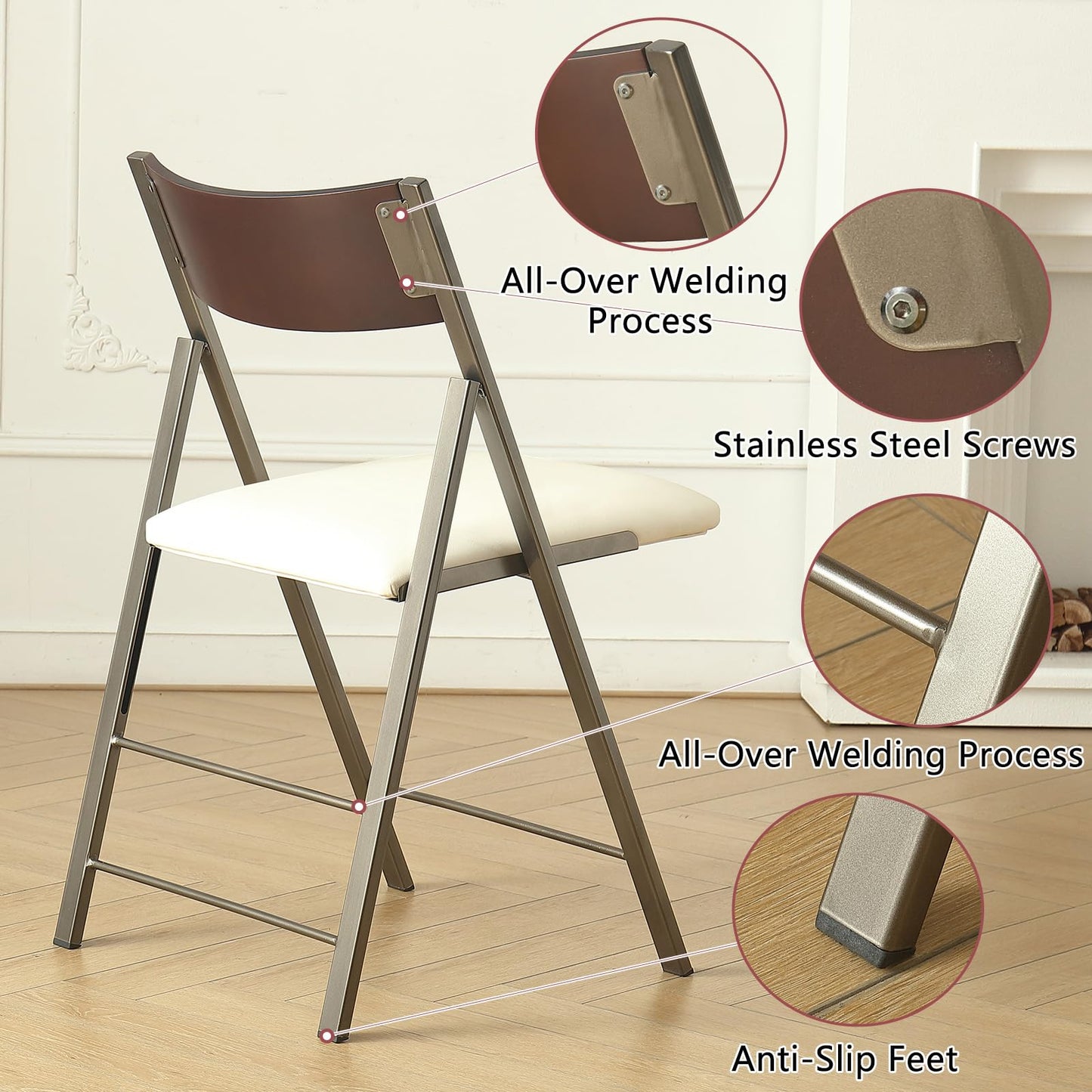 VASTATIO Folding Chairs with Cushion 2 Pack - Heavy Duty Steel Frame Foldable Dining Chairs, Waterproof Leather Indoor Outdoor Padded Chairs for Home, Conference Rooms,Weddings, Events (White)
