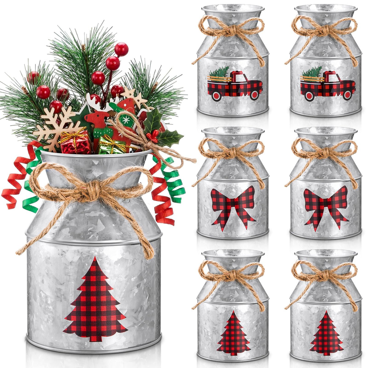 Domensi 6 Pcs Christmas Flower Vases for Table Centerpieces Bulk 5.12 Inch Rustic Metal Galvanized Flower Buckets with Bow Farmhouse Buffalo Plaid Xmas Milk Can Jug for Kitchen Dining Table Decor