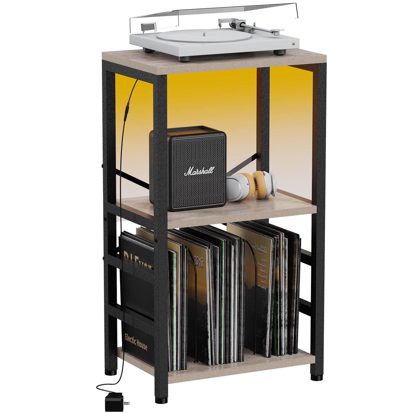 YAKANJ End Table with LED Light,Record Player Stand with Albums Storage,Vinyl Records Storage,Turntable Stand Side Table for Music Room Studio Living Room Bedroom-Greige