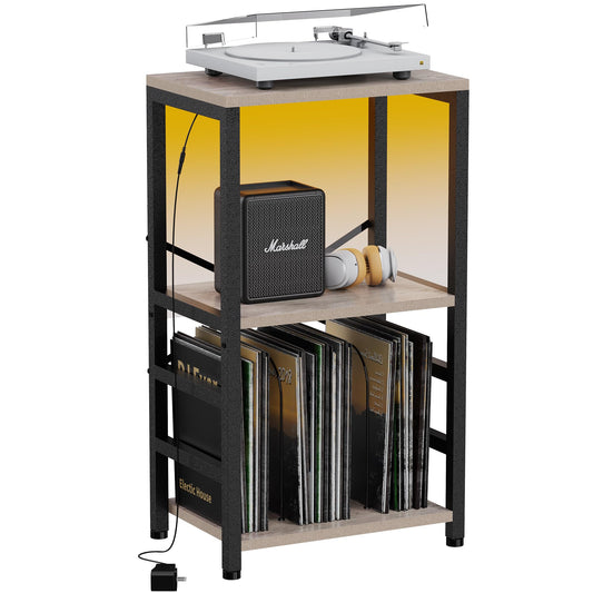 YAKANJ End Table with LED Light,Record Player Stand with Albums Storage,Vinyl Records Storage,Turntable Stand Side Table for Music Room Studio Living Room Bedroom-Greige